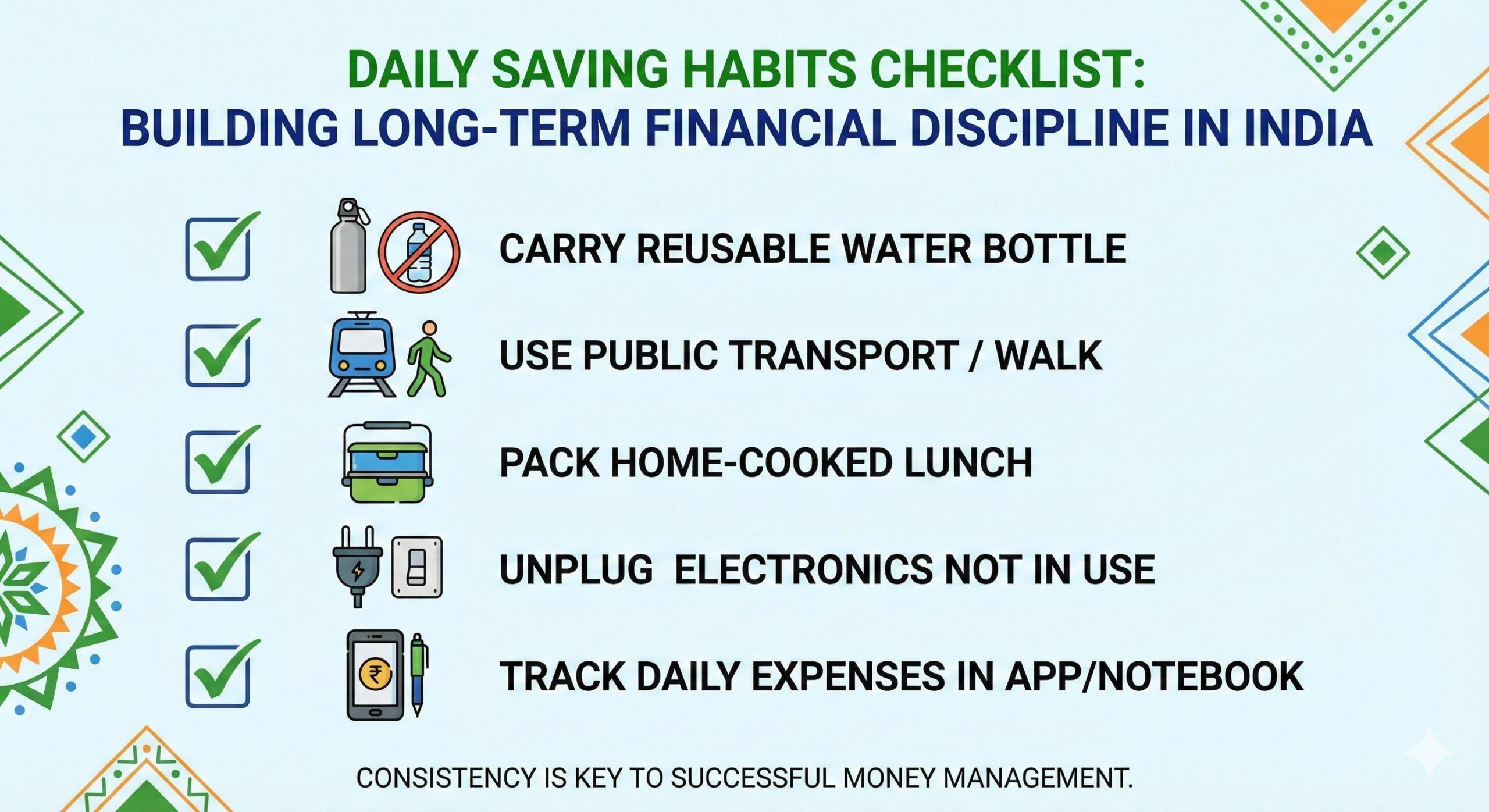 Infographic checklist of financial discipline habits for successful money management in India