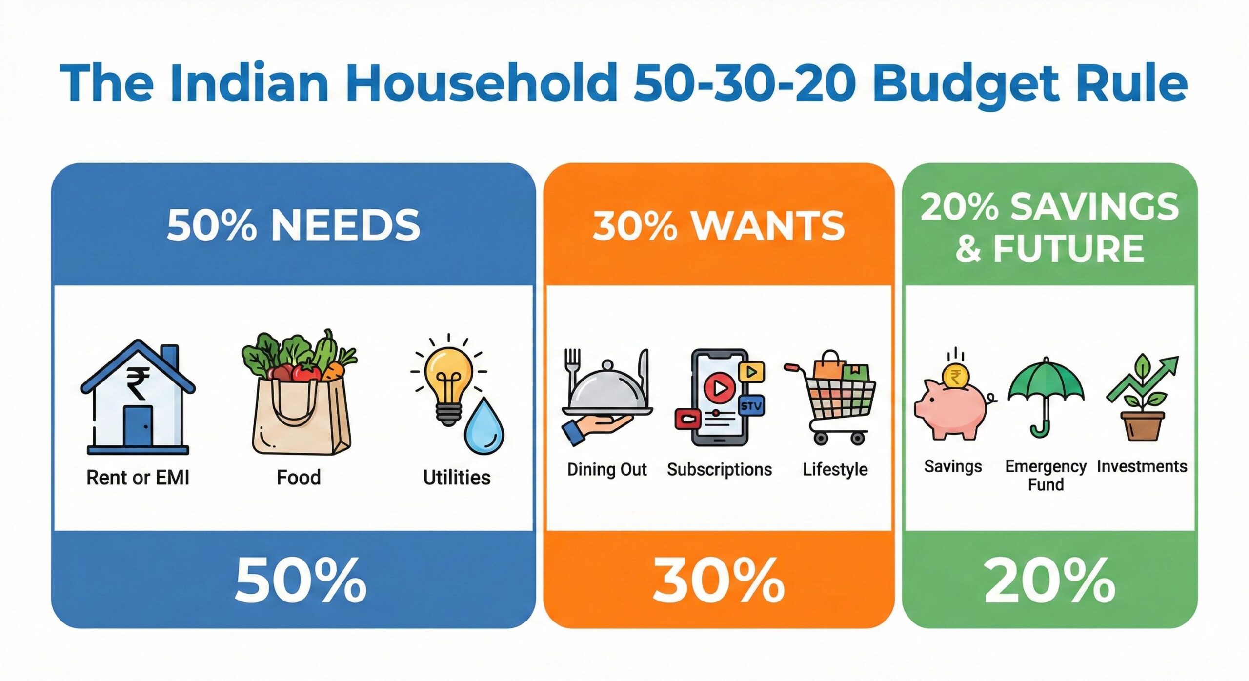 Infographic explaining the 50 30 20 budgeting rule for Indian salaried employees