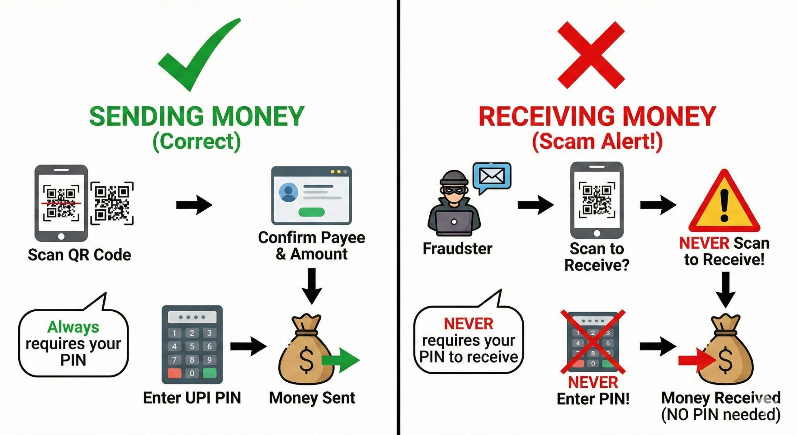 Infographic explaining the difference between sending and receiving money via UPI.