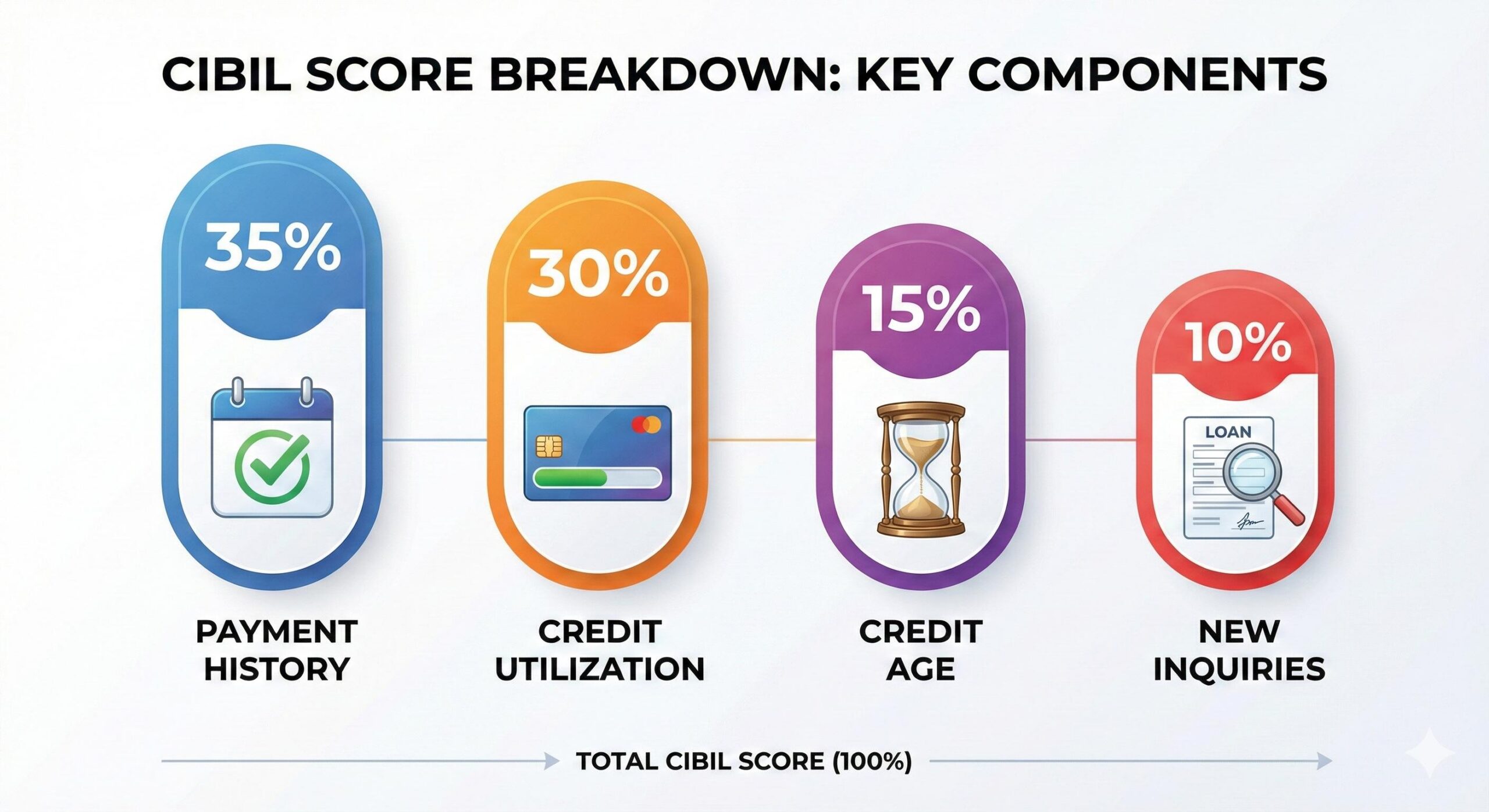 Infographic showing four key factors affecting CIBIL score_ payment history, credit utilization, credit age, and new inquiries.