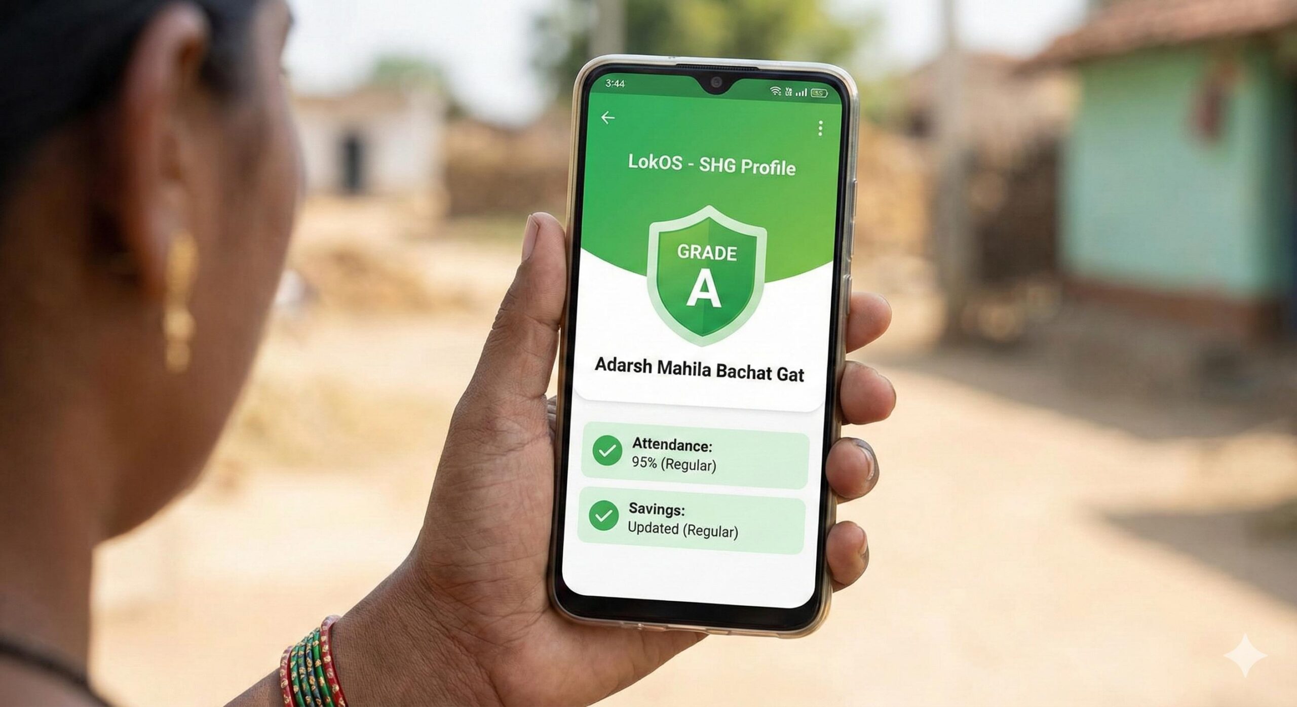 LokOS app interface showing SHG grading score and digital attendance record on mobile
