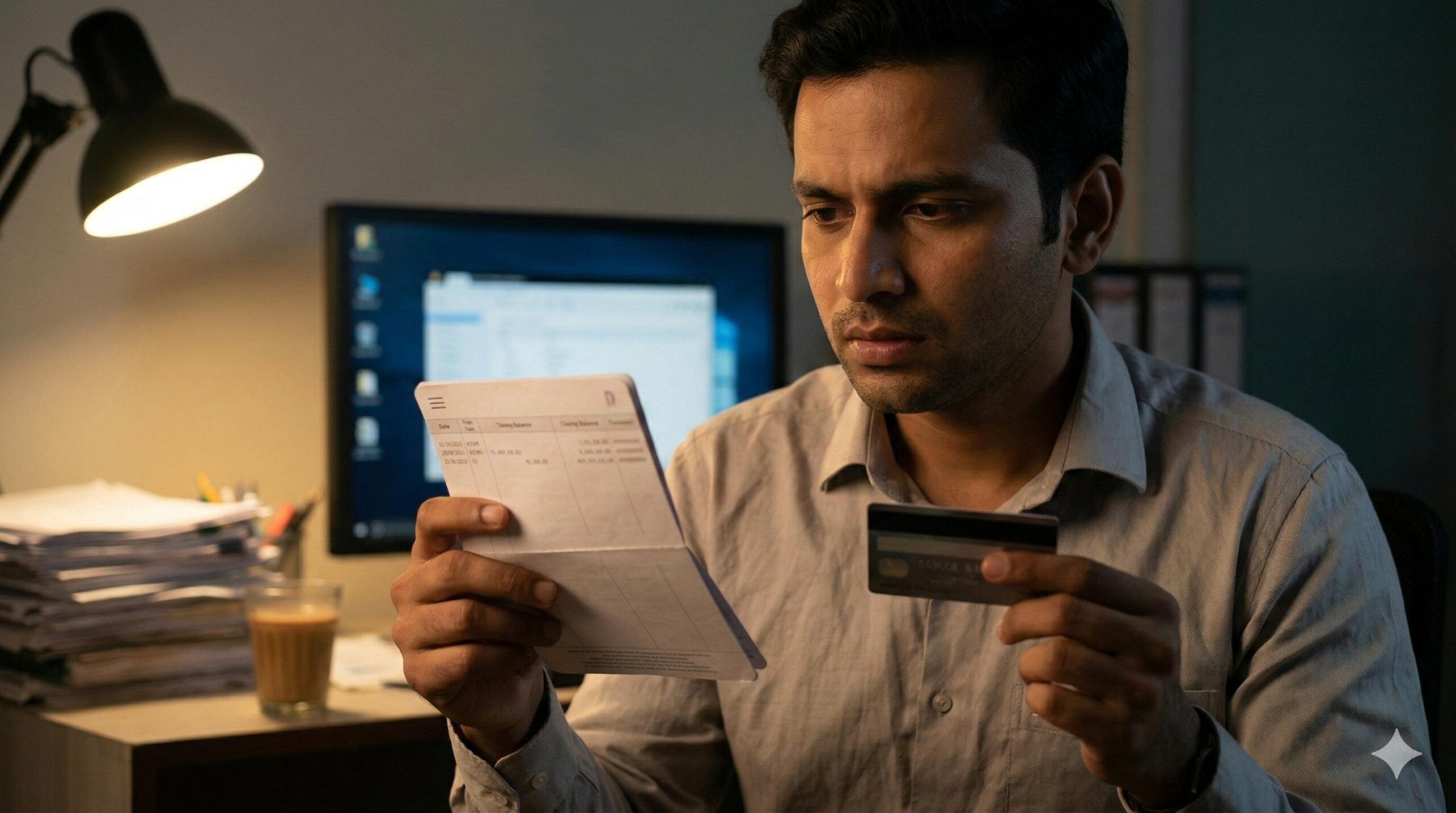 Man comparing credit card to low bank balance.