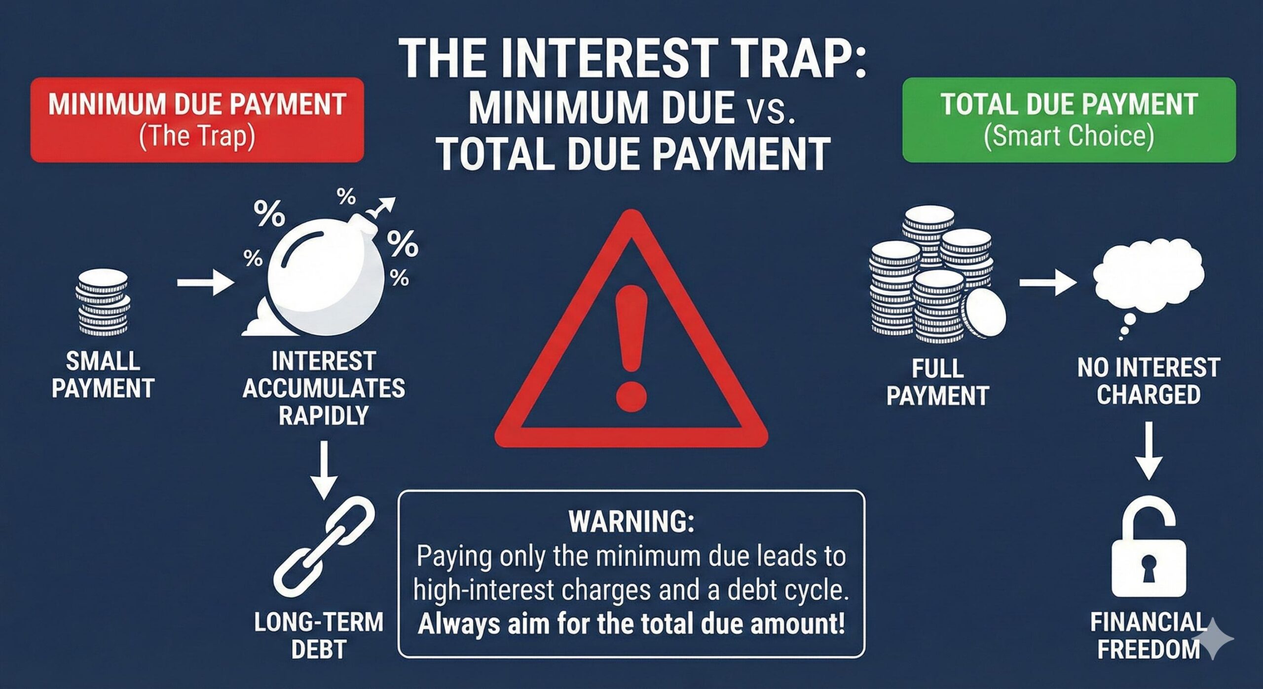 Minimum amount due vs full payment interest trap calculation