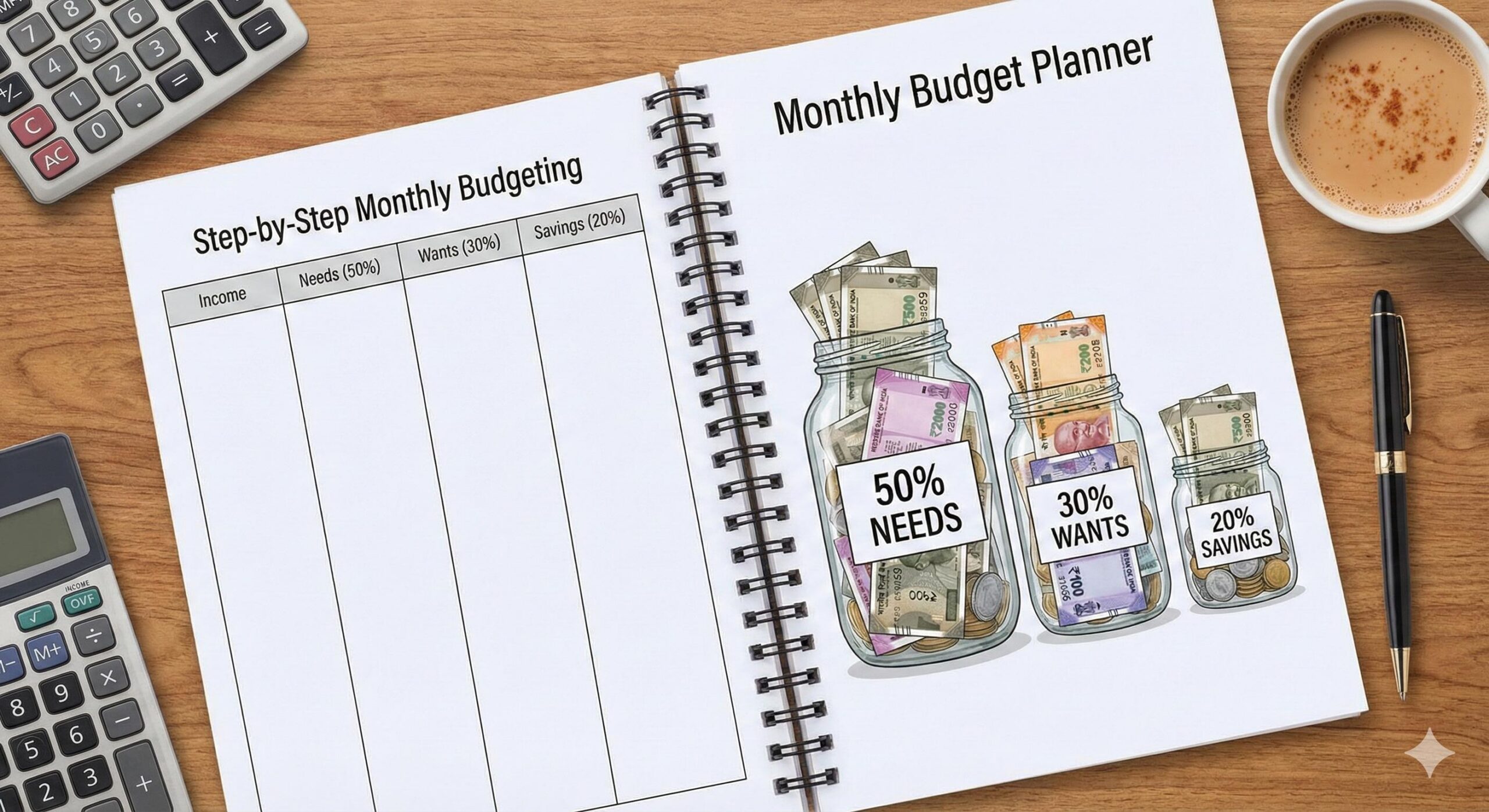 Monthly budget planner template with Indian rupees 50-30-20 rule 