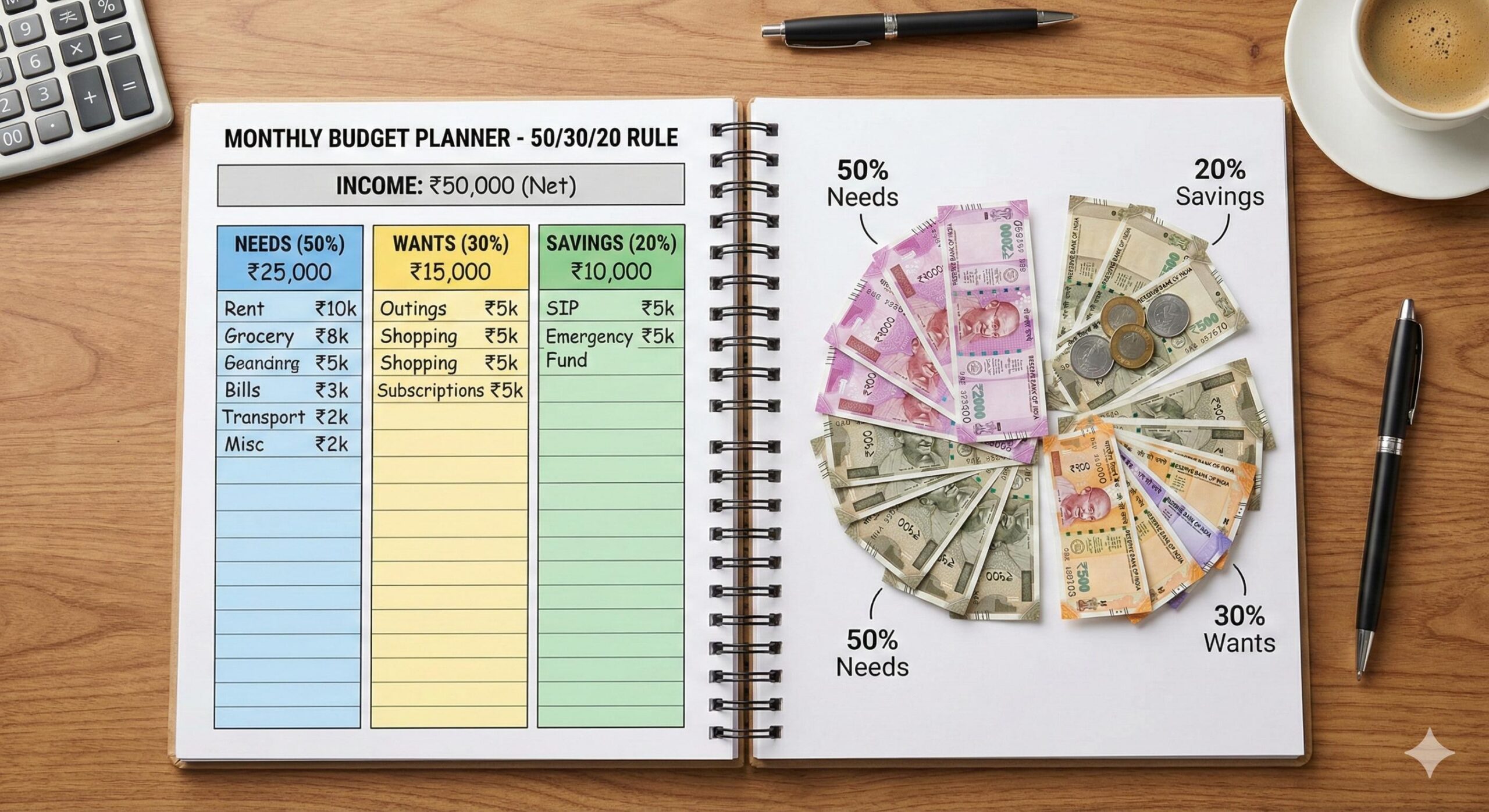 Monthly budget planner template with Indian rupees 50-30-20 rule