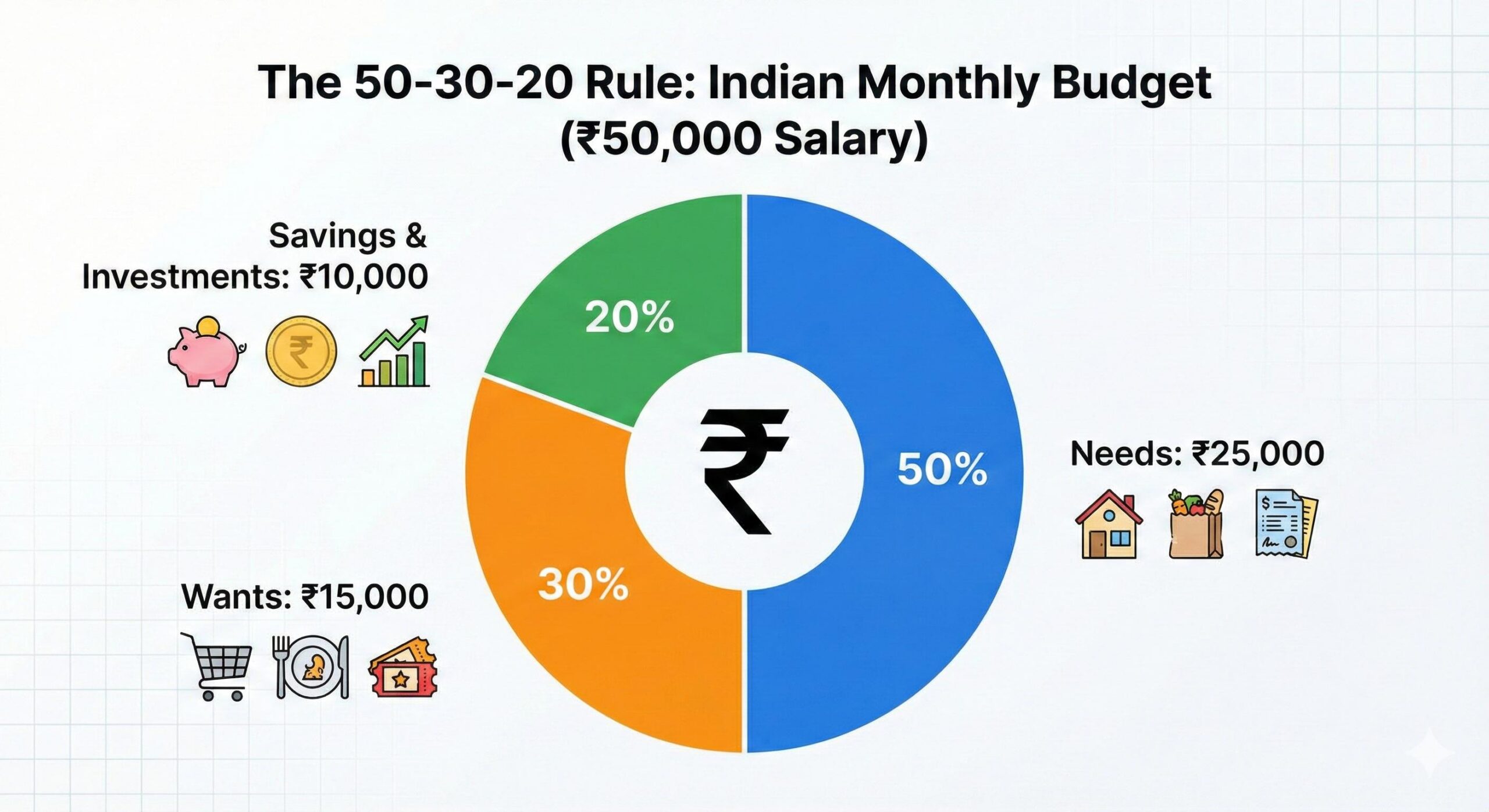 Pie chart showing 50-30-20 budget rule distribution for Indian salary in Rupees 