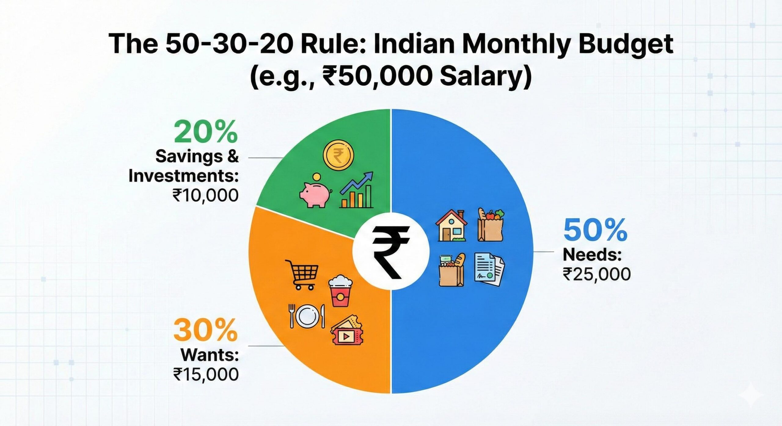 Pie chart showing 50-30-20 budget rule distribution for Indian salary in Rupees 