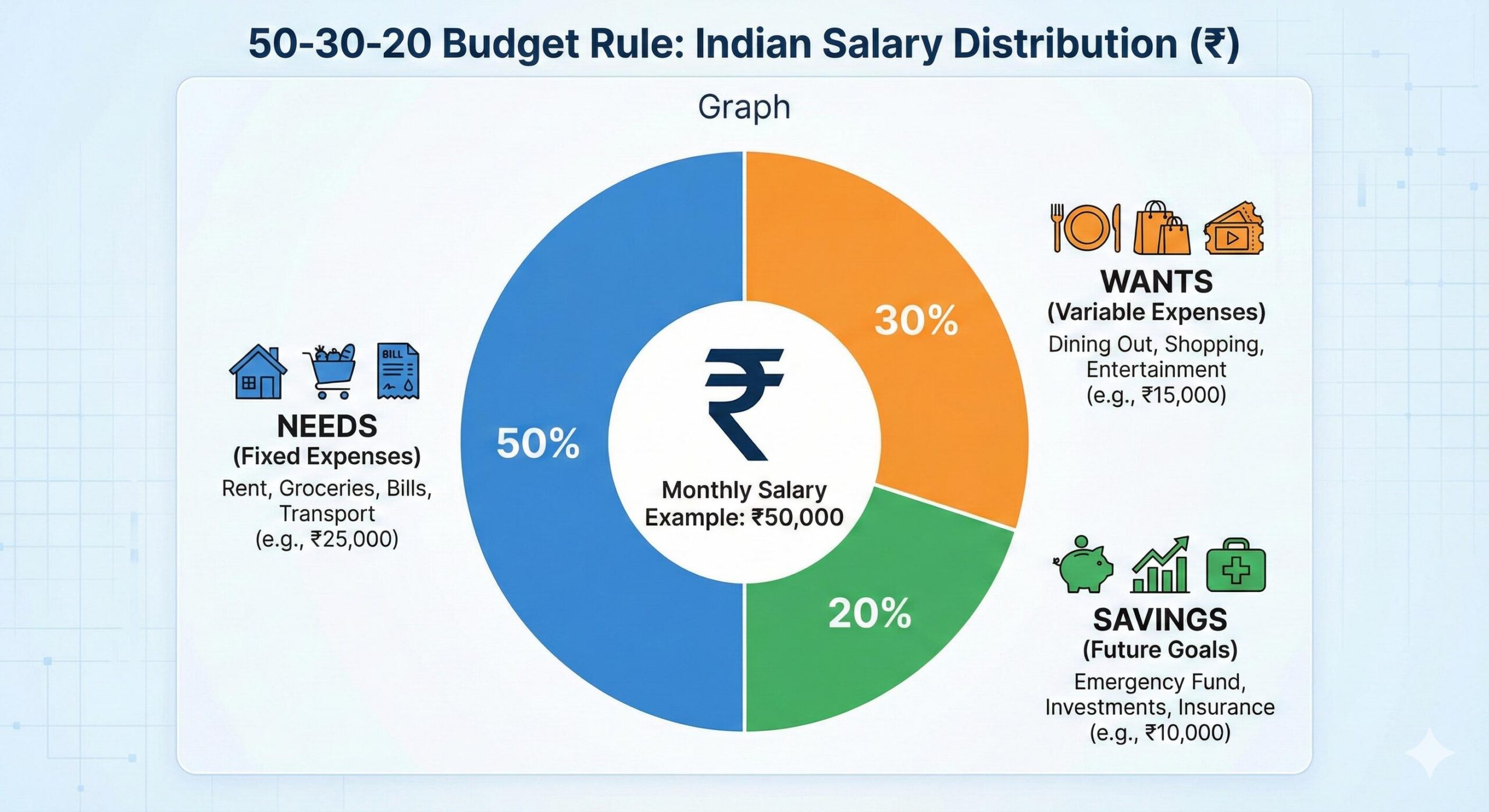 Pie chart showing 50-30-20 budget rule distribution for Indian salary in Rupees (4)