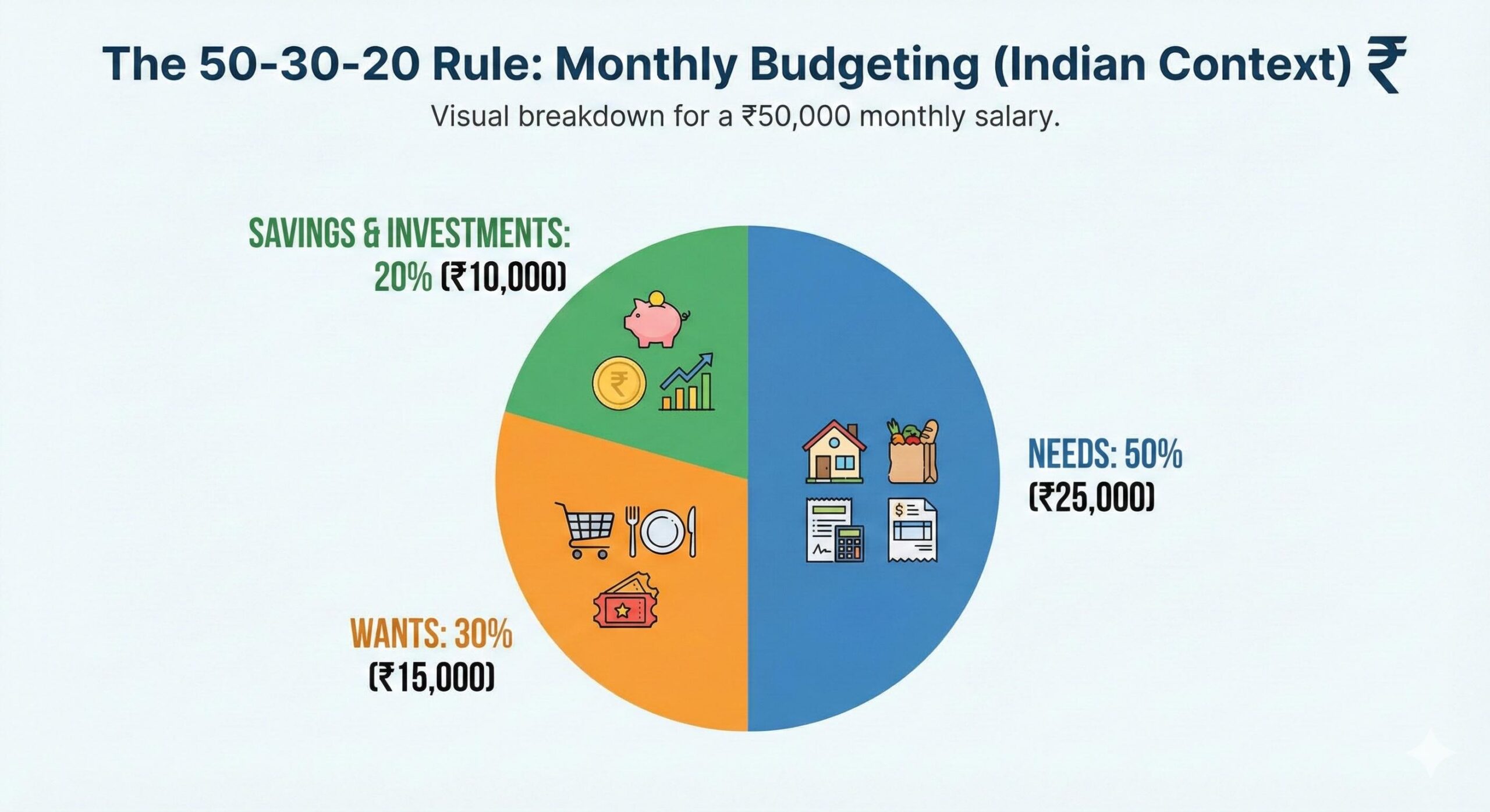 Pie chart showing 50-30-20 budget rule distribution for Indian salary in Rupees