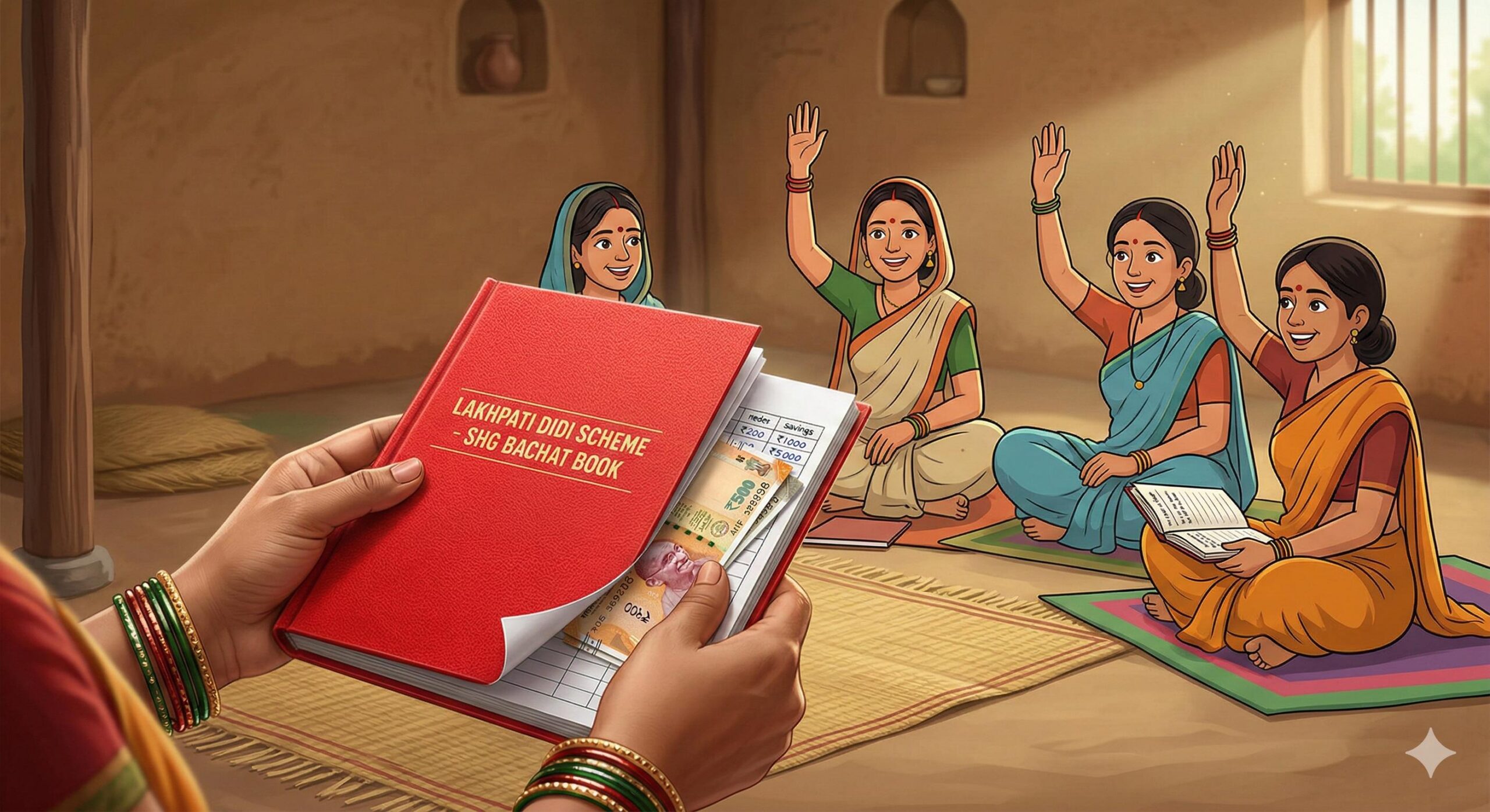 Real hands opening a savings ledger surrounded by cartoon women in an SHG meeting.