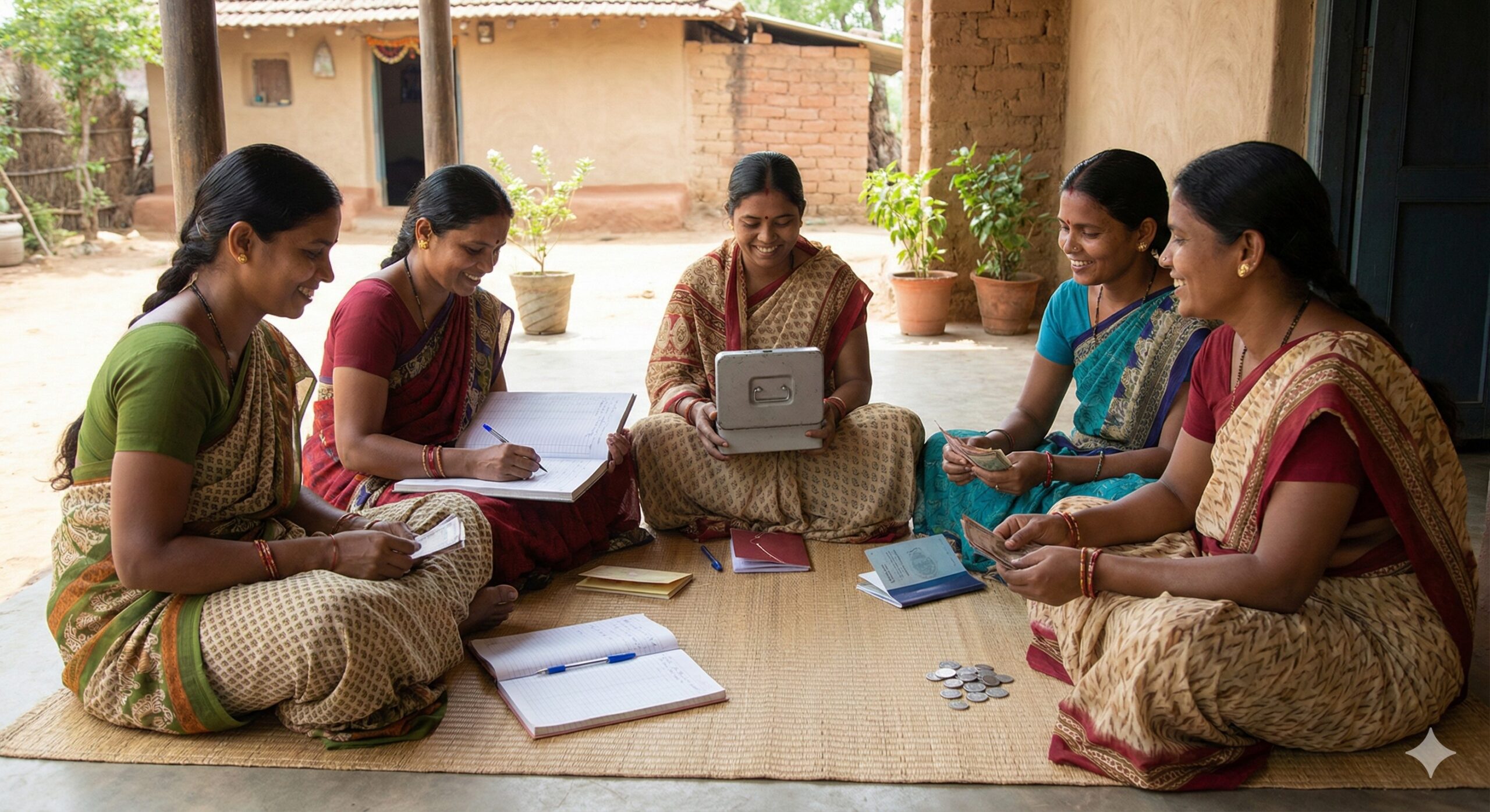 Rural Indian women sitting in a circle for a Self-Help Group (SHG) meeting conducting financial transactions.