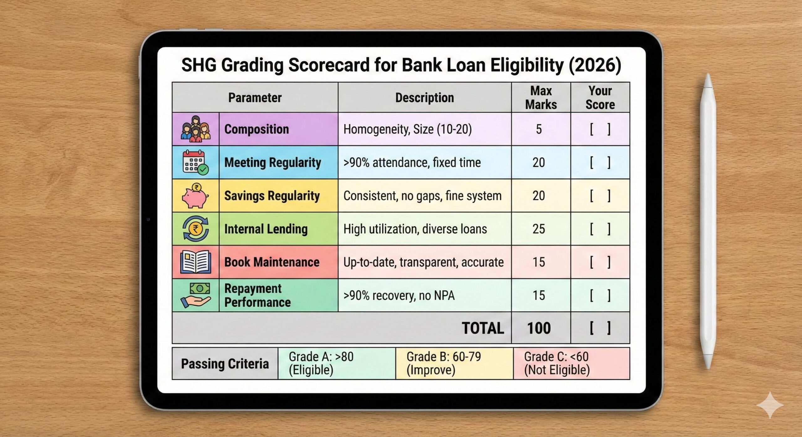 SHG grading parameters scorecard chart for bank loan eligibility 2026