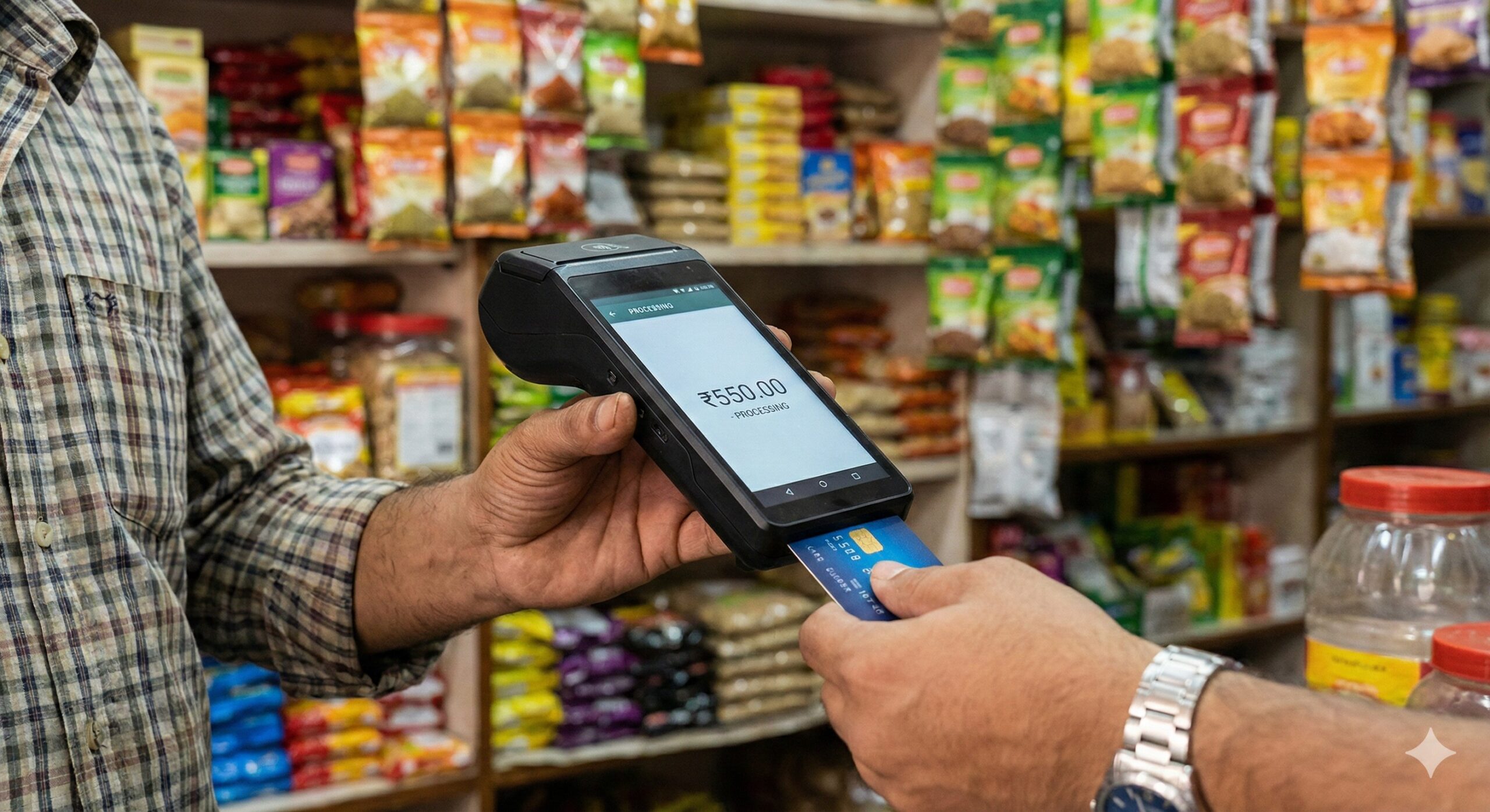 Shopkeeper accepting payment using the best POS machine for small shop in India.