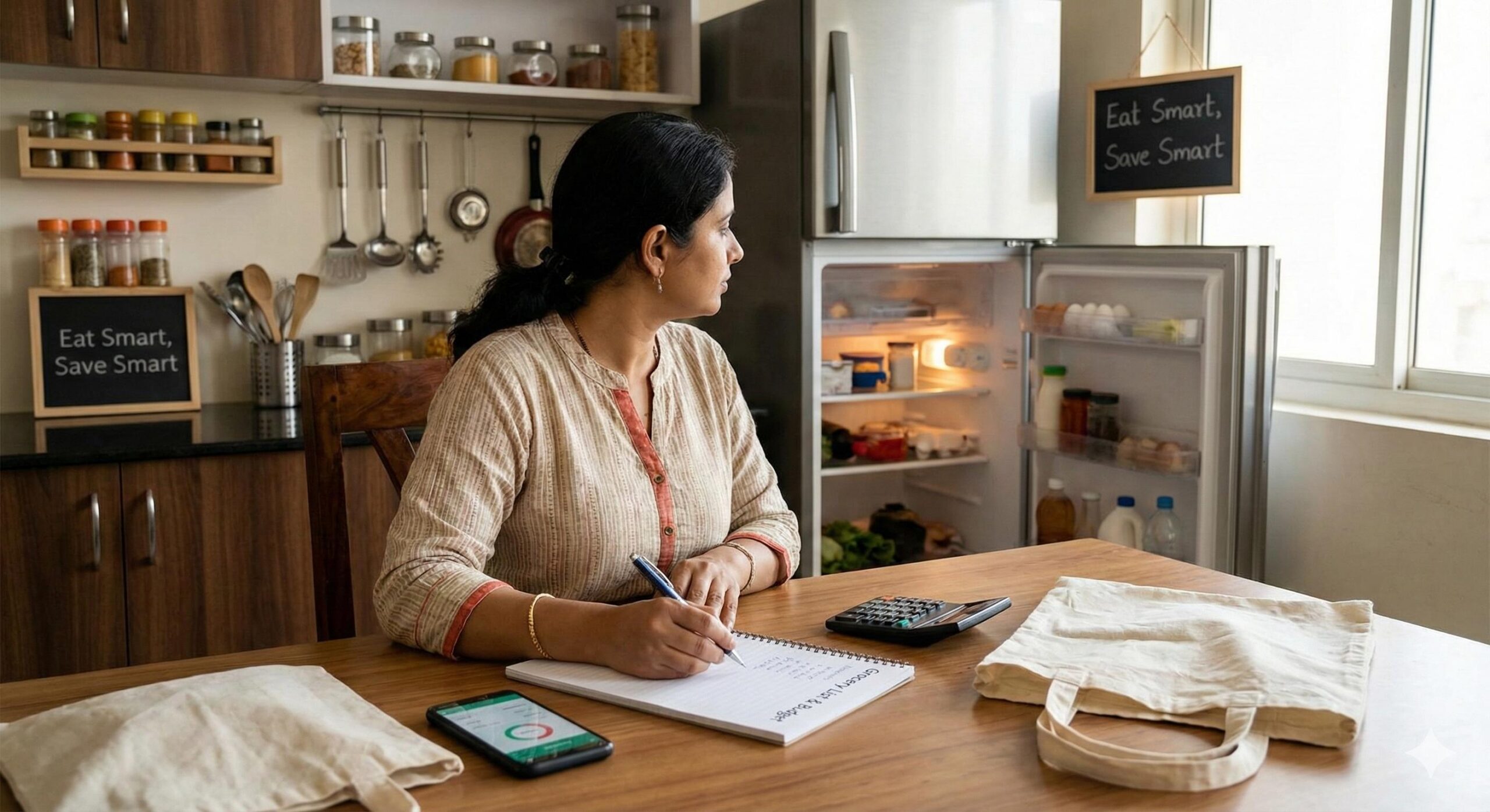 Smart shopping photoIndian woman making a grocery list in kitchen to avoid food wastage and save money