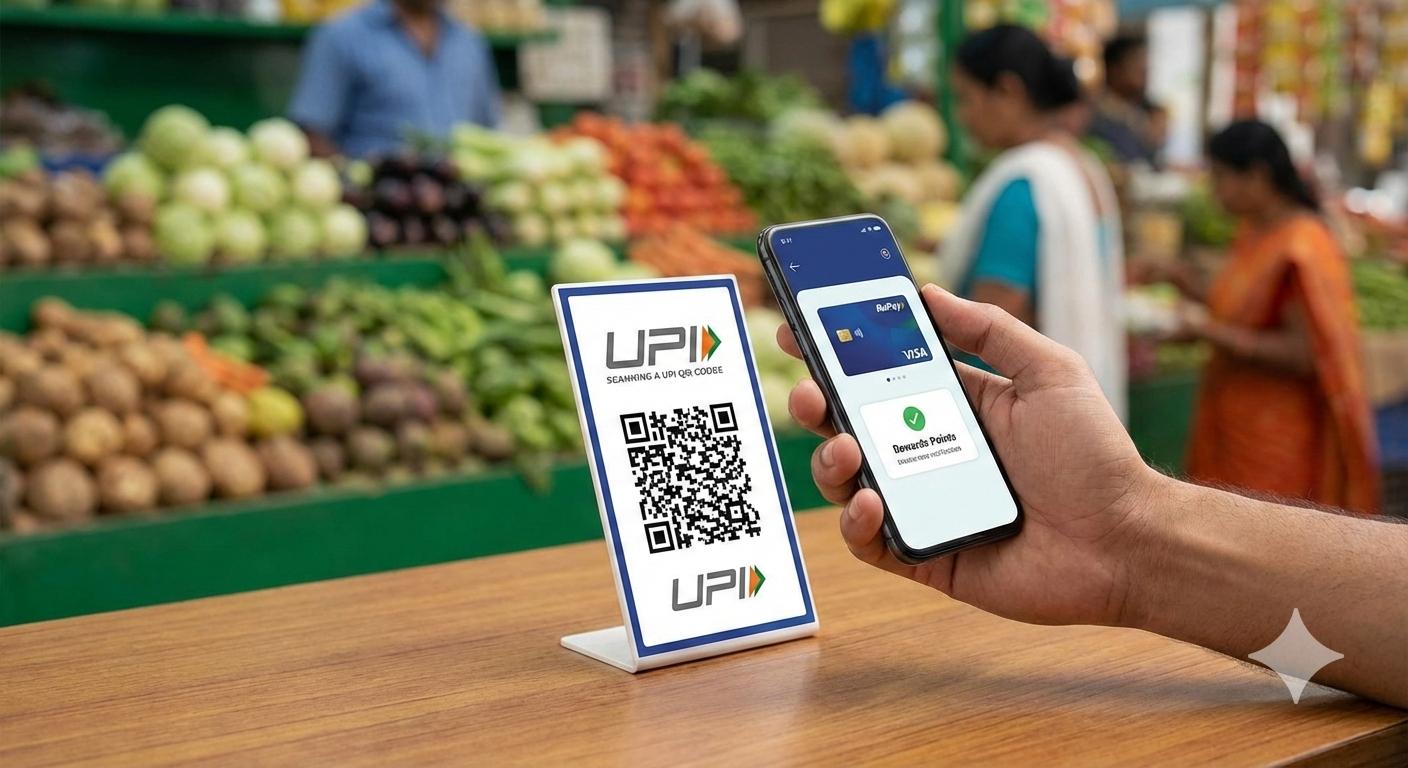 Smartphone scanning a UPI QR code at a local market with a credit card payment option visible on the screen