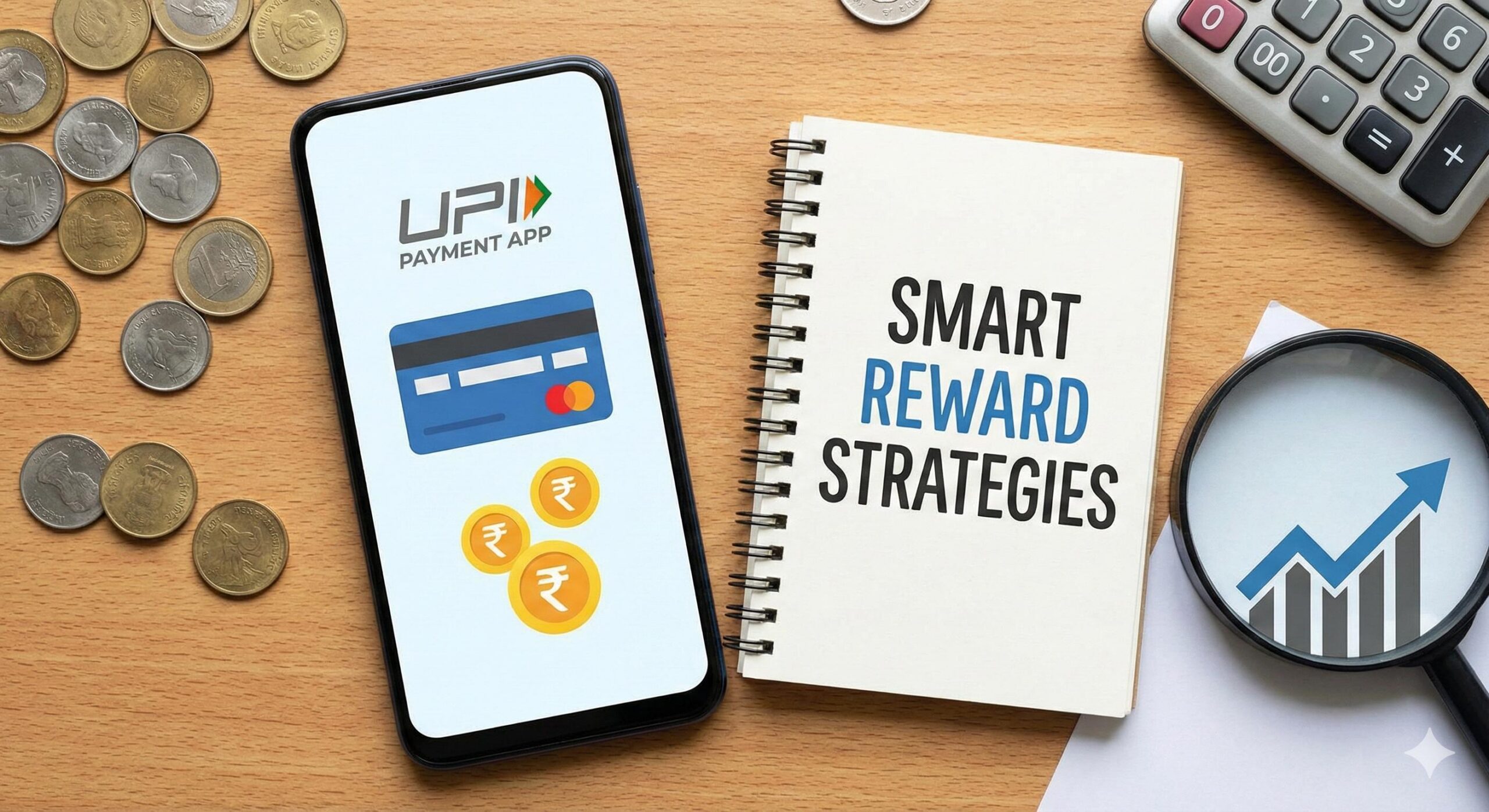 Smartphone with UPI app and Smart Reward Strategies notebook flatlay.