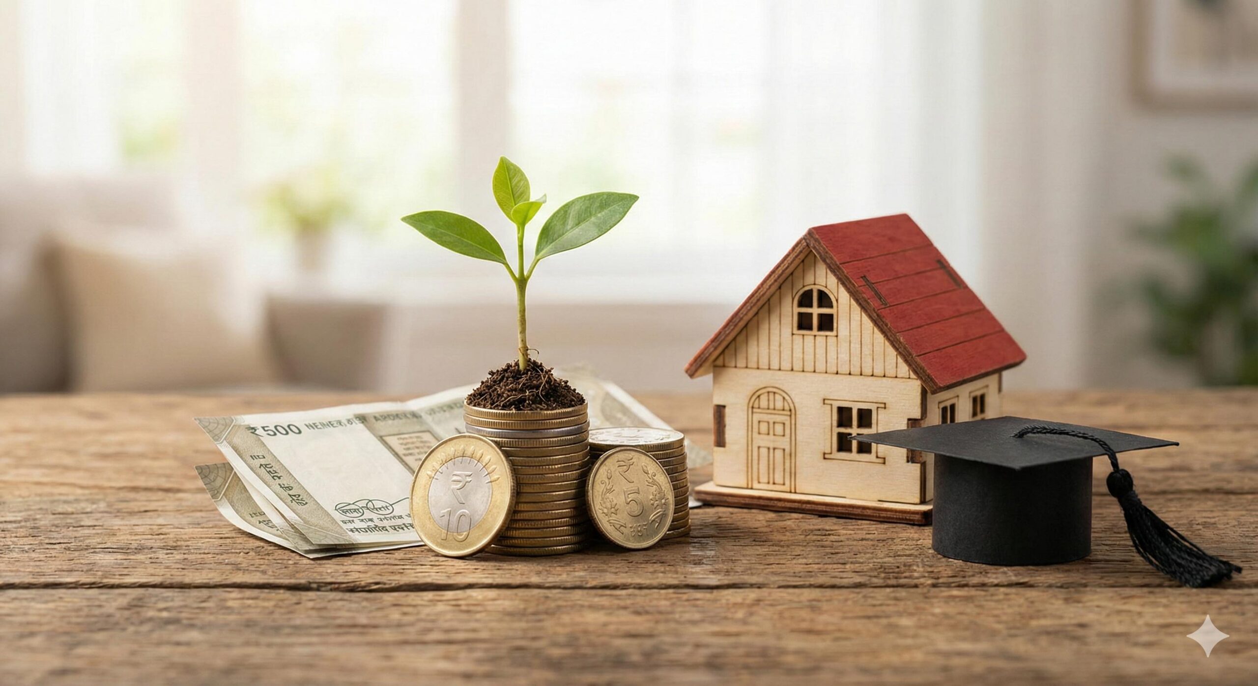 Stack of Indian rupee coins next to house model illustrating saving money on loan interest rates.