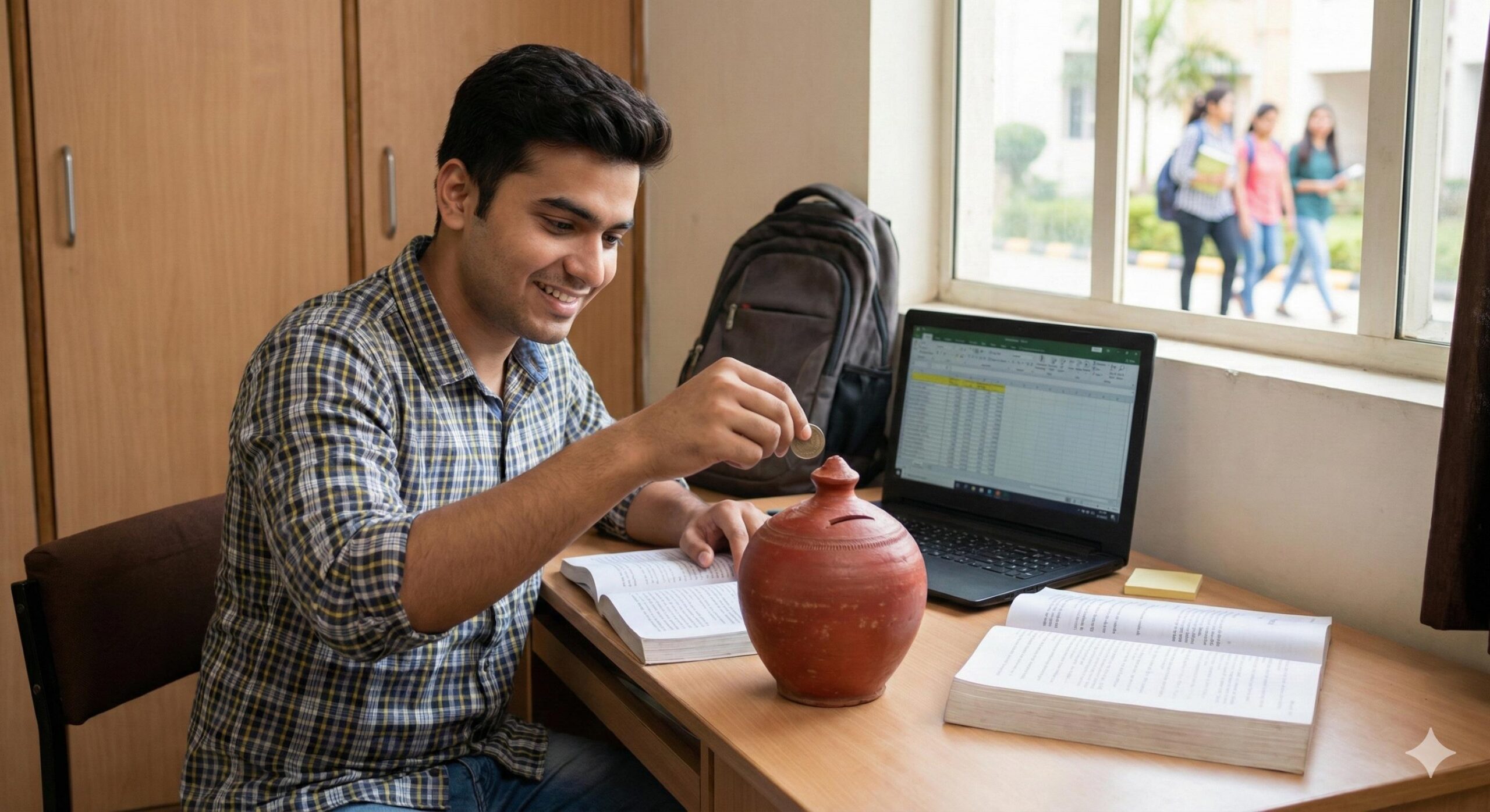 Student putting coins into a traditional clay gullak piggy bank