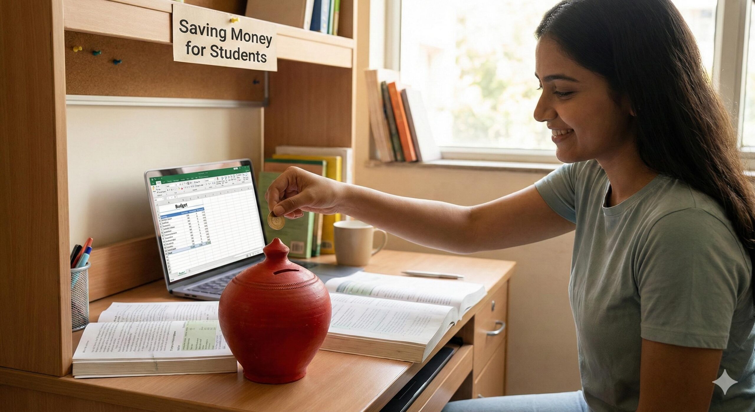 Student saving coins in a traditional clay gullak piggy bank on a study desk