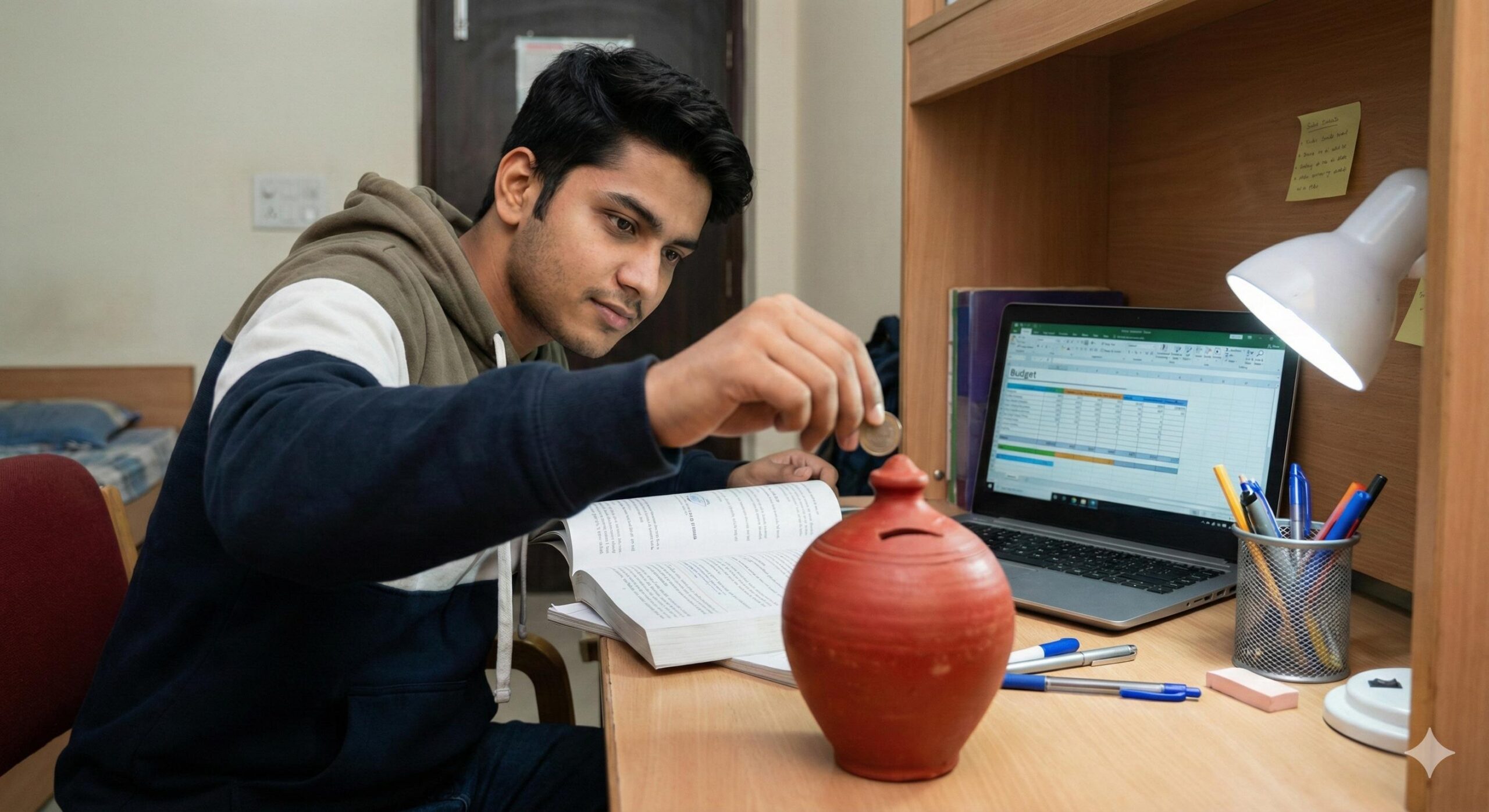 Student saving habit photoStudent saving coins in a traditional clay gullak piggy bank on a study desk