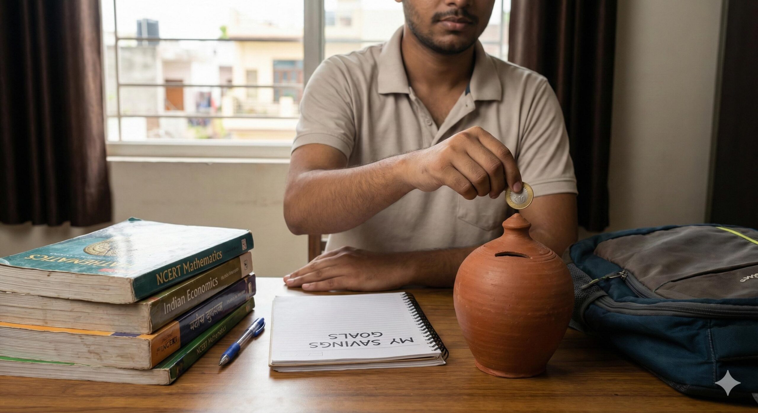 Student saving money tips India piggy bank and textbooks (1)