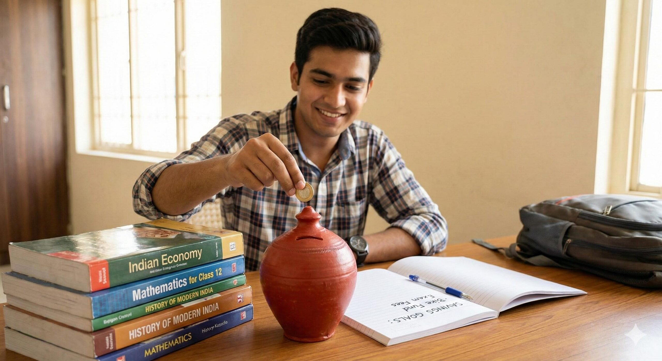 Student saving money tips India piggy bank and textbooks 