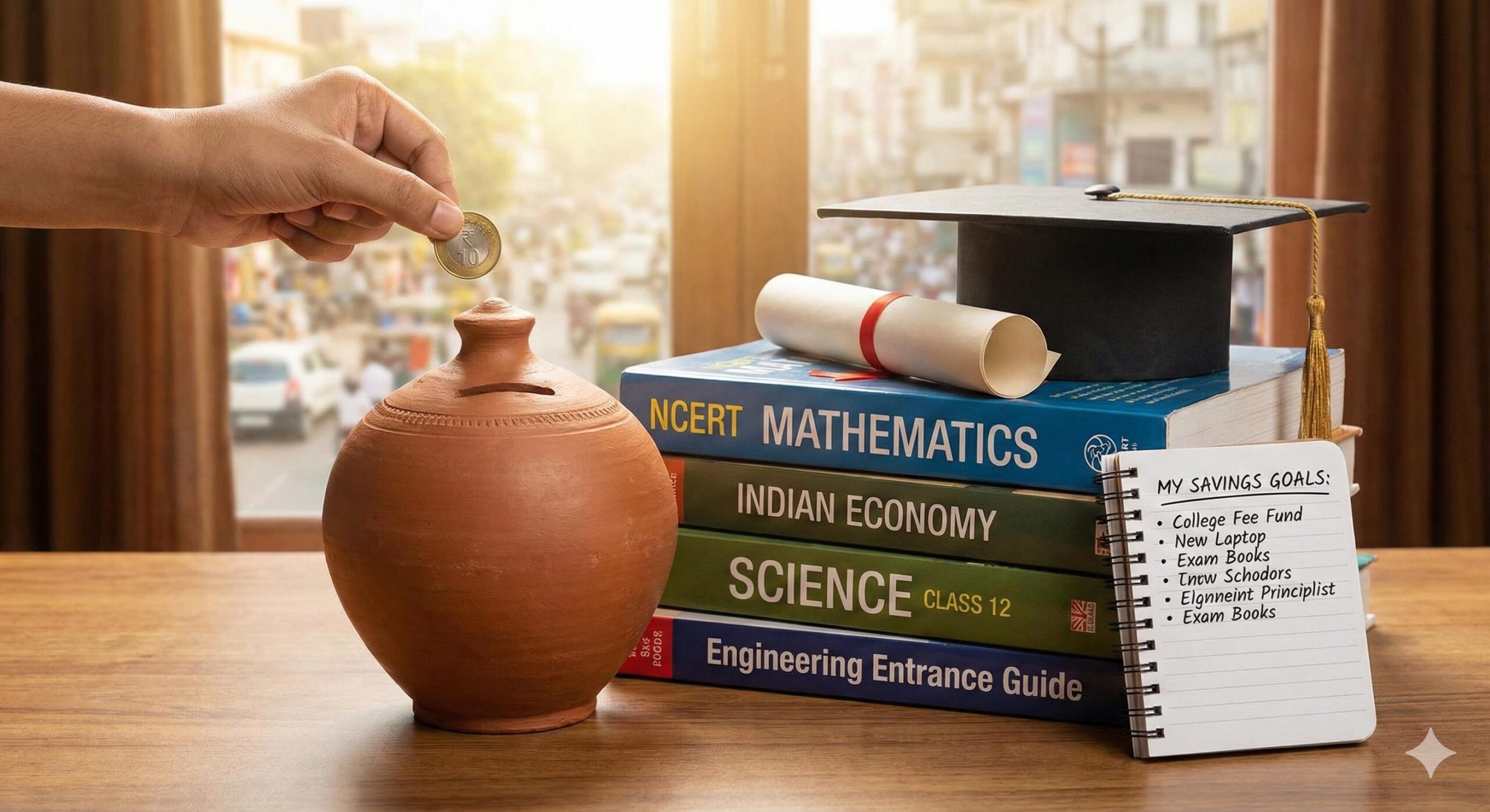 Student saving money tips India piggy bank and textbooks