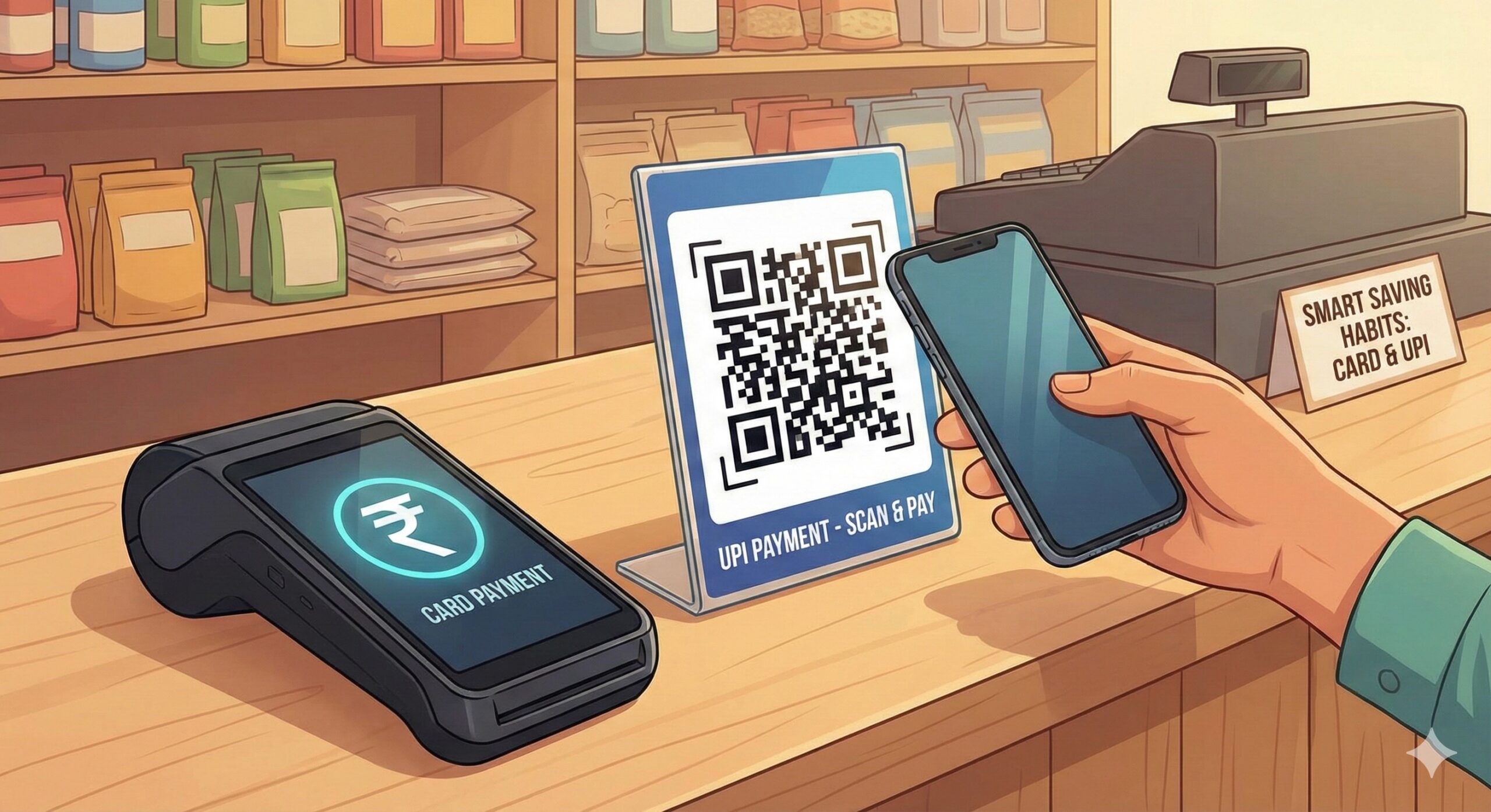 Using UPI QR code and POS machine together to save on merchant transaction fees.