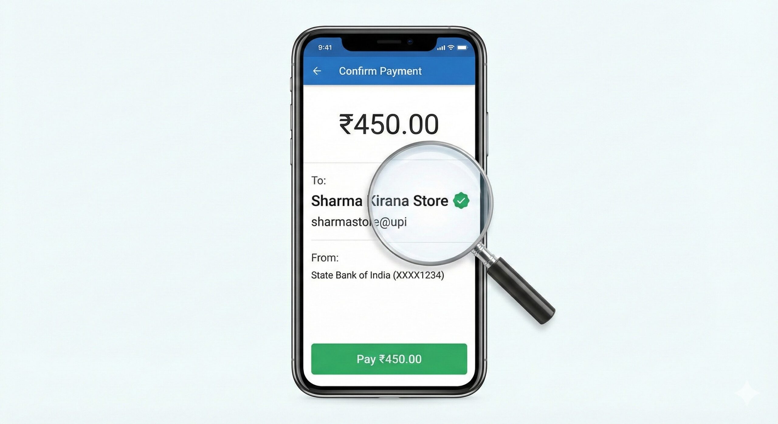 Verifying merchant name and UPI ID on mobile payment app before completing a transaction.