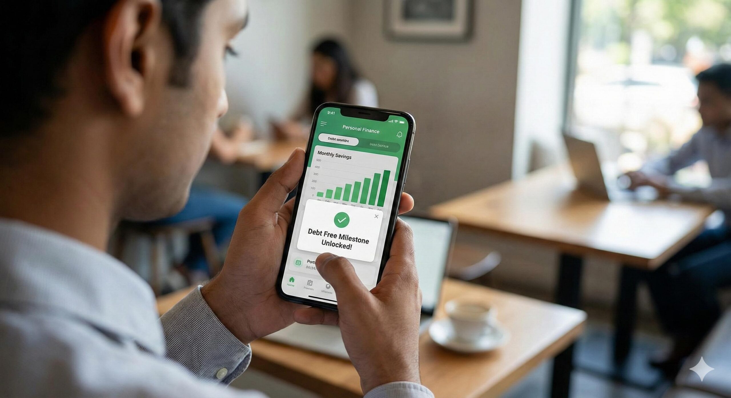 Young Indian professional using a digital expense tracking application on a smartphone to monitor daily spending and avoid credit card debt.