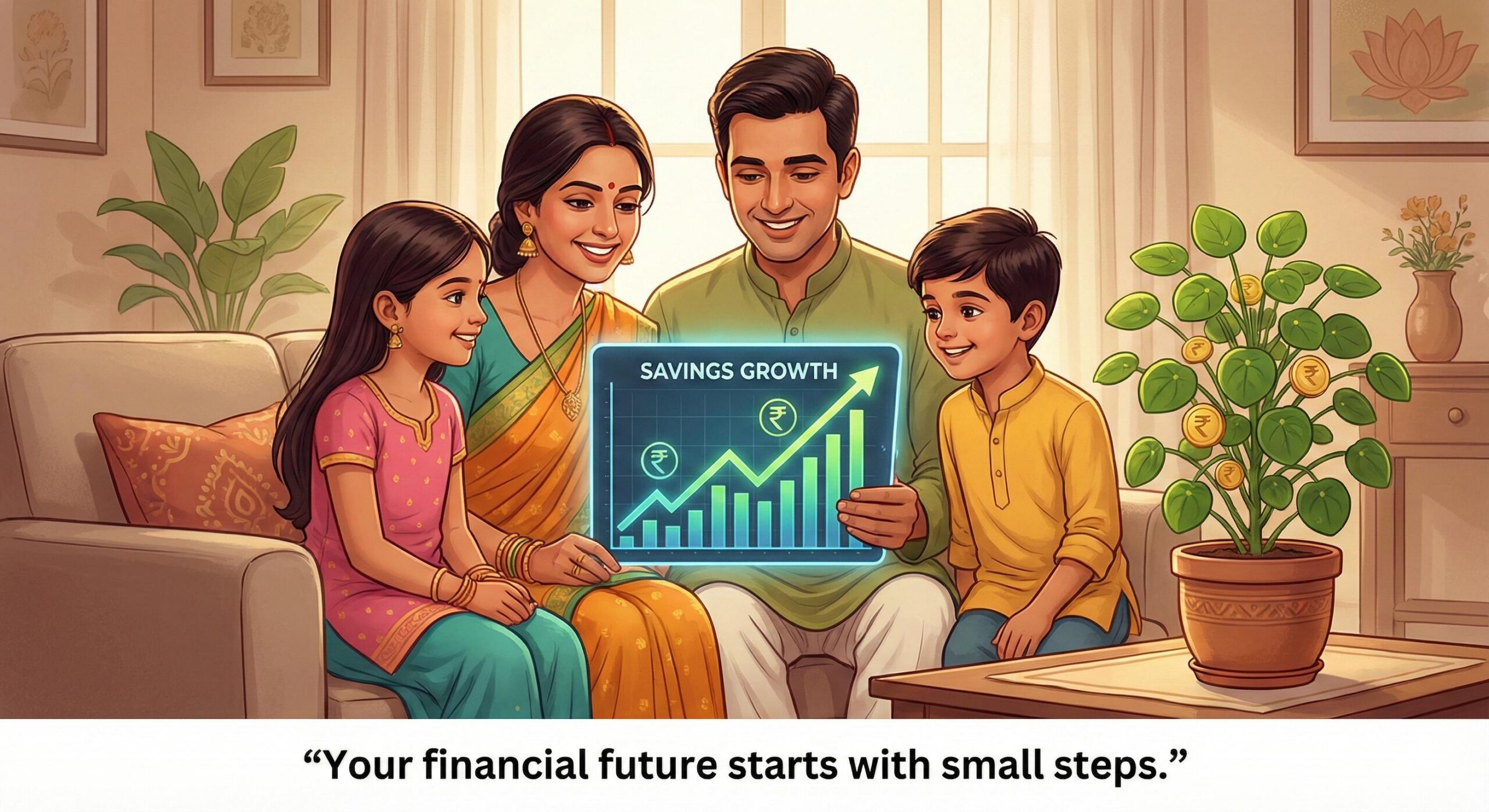 illustrationIndian family happily looking at growing savings graph and money plant