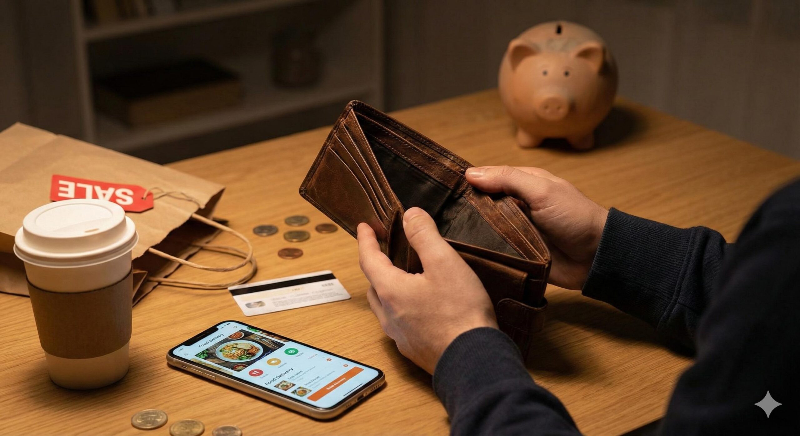 person's hands holding an open, empty wallet over a table