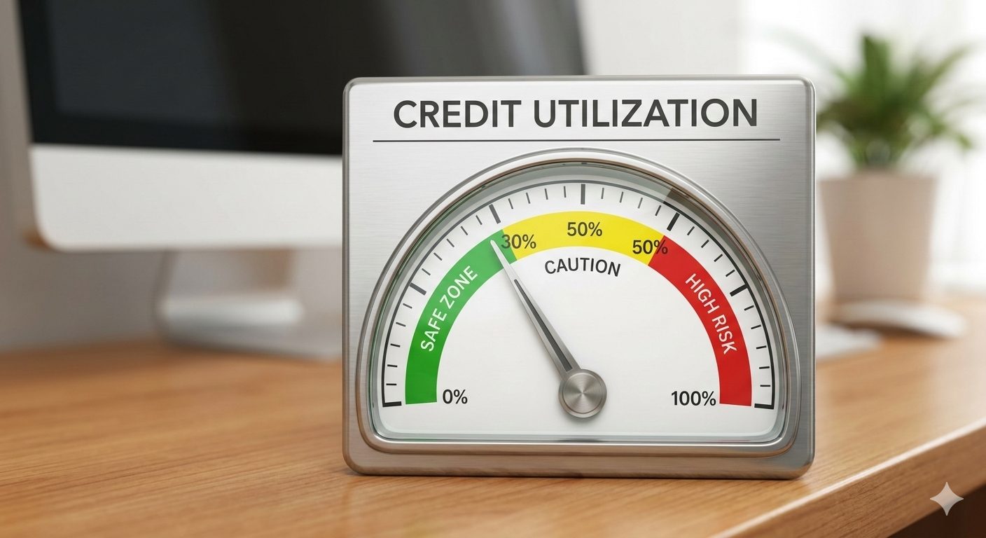 A 3D gauge or meter illustrating a green _safe zone_ exactly at the 30% mark for credit utilization.