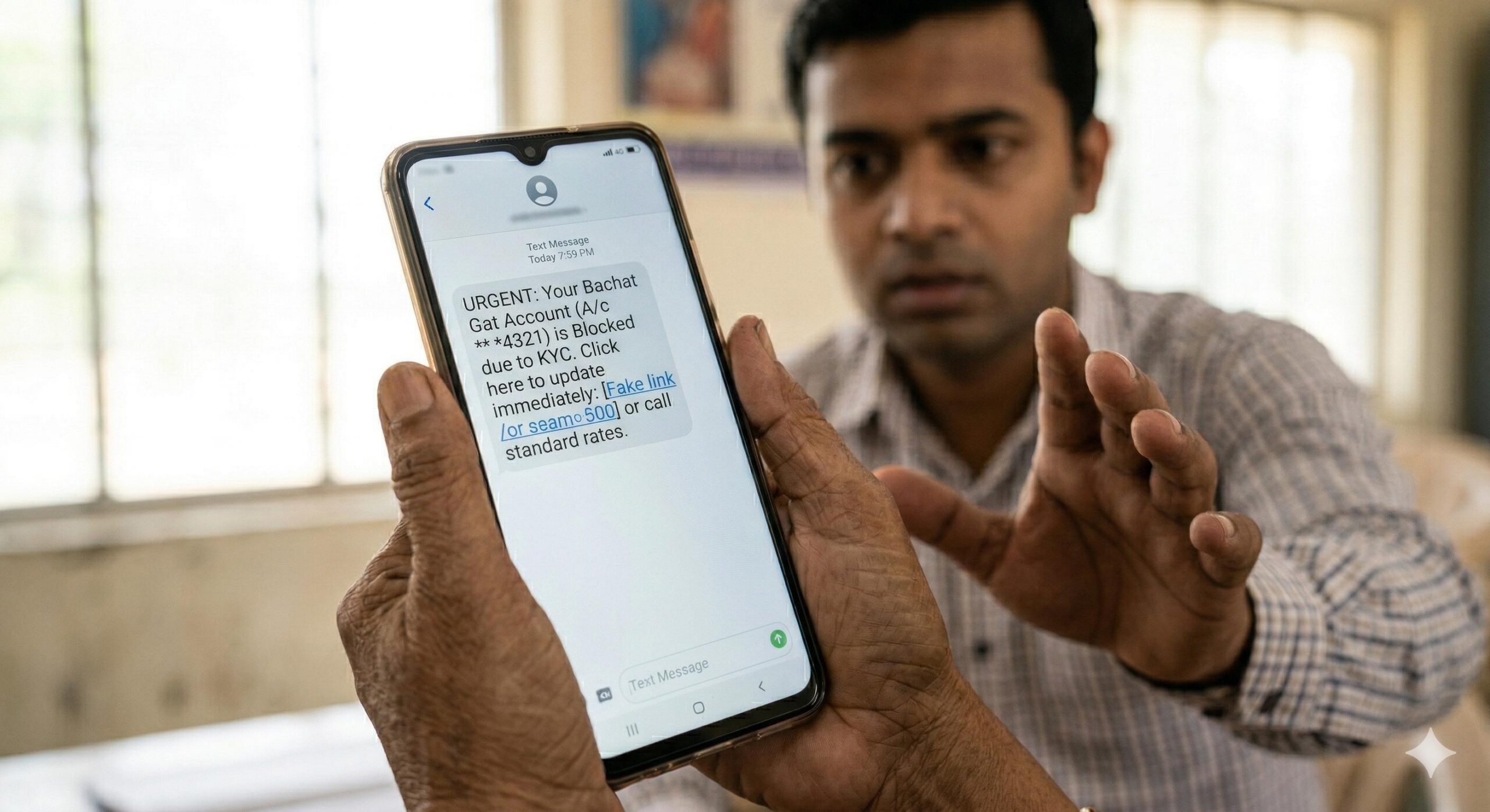 A close-up of a fraudulent SMS alert on a smartphone screen targeting group savings.