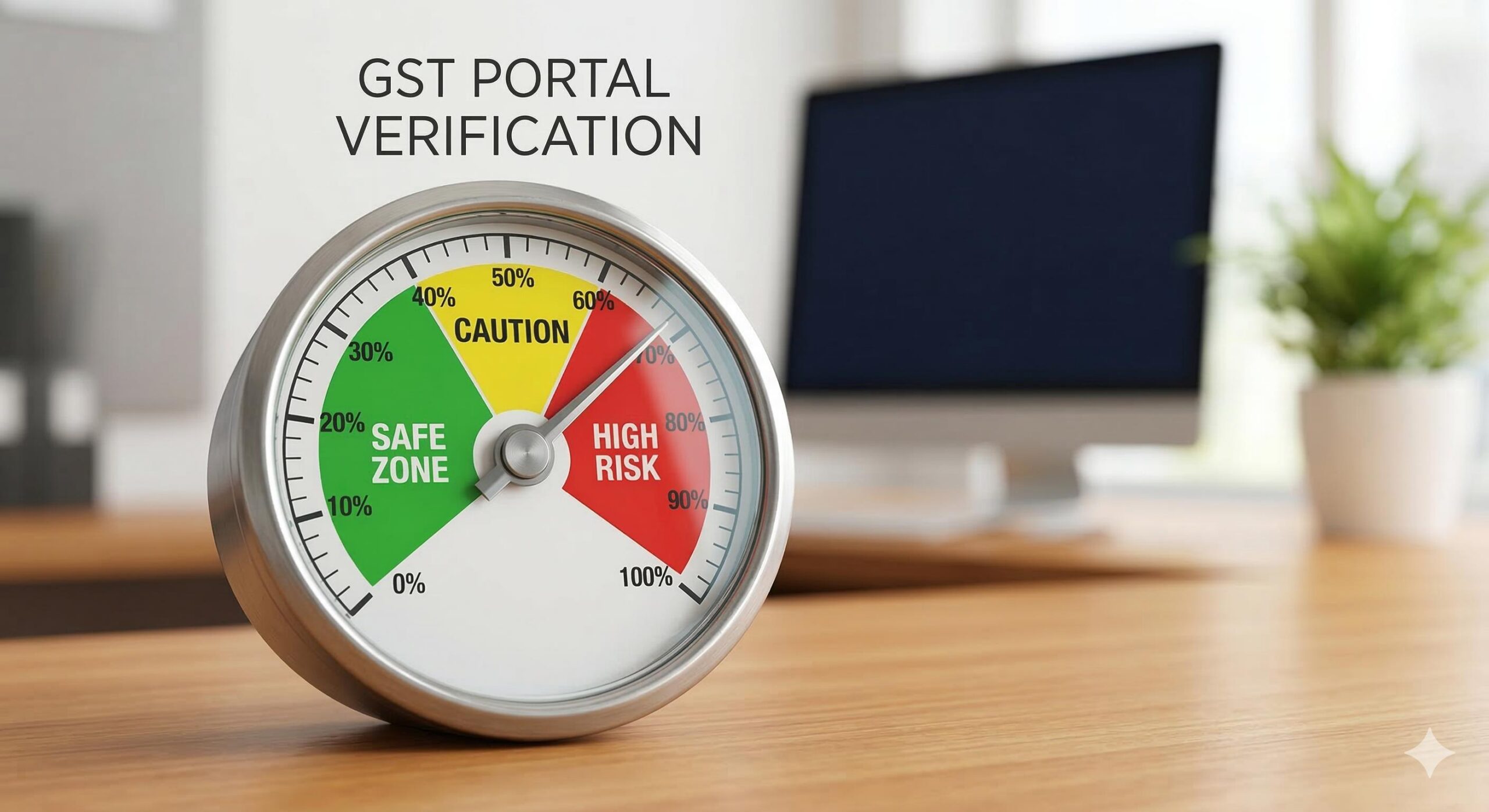 A close-up of an Indian hand holding a smartphone at a physical billing counter, with the official government app showing a green shield and _GSTIN VERIFIED_ ACTIVE_ text.