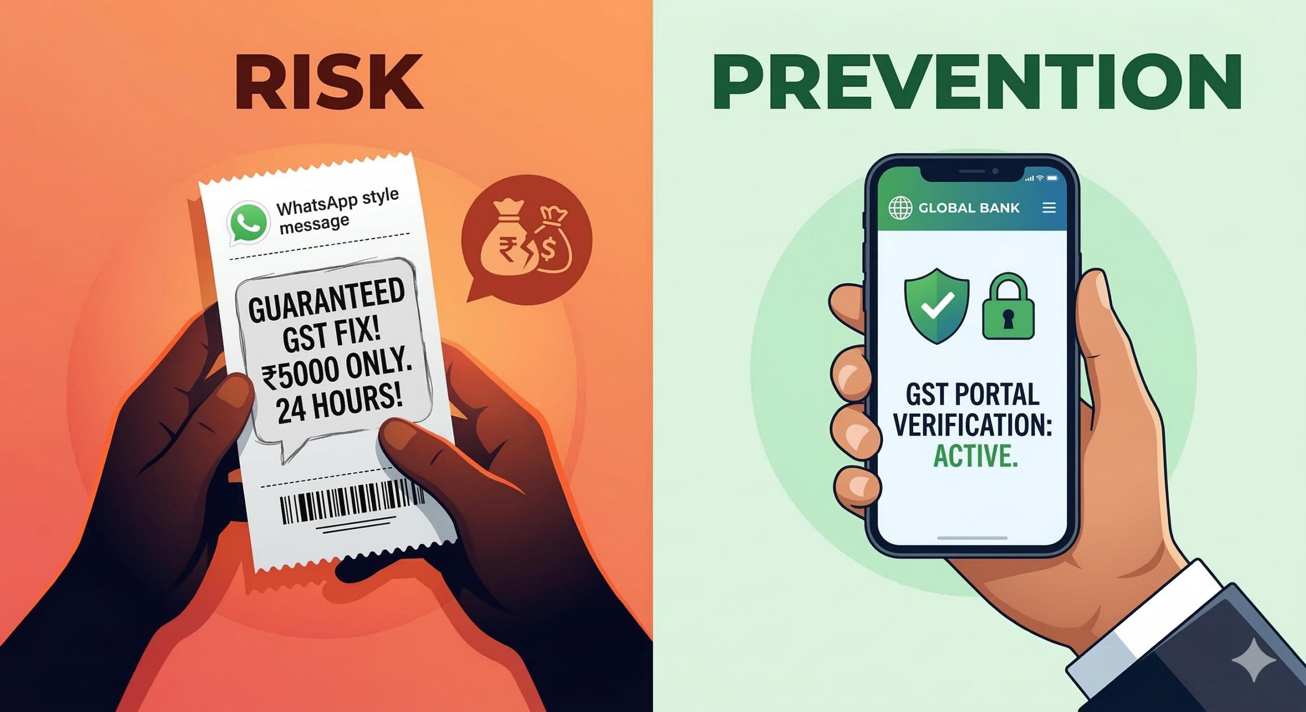 A close-up view of a hand magnifying a sketchy receipt showing a _GST charge_ but _NO GSTIN,_ next to an icon of cracked money bags.