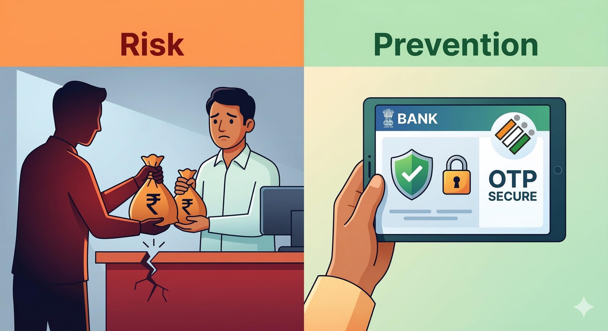 A close-up view of a worried Indian shop owner’s face, with a large, ominous shadow of an _official_ trying to seize money bags from the counter.