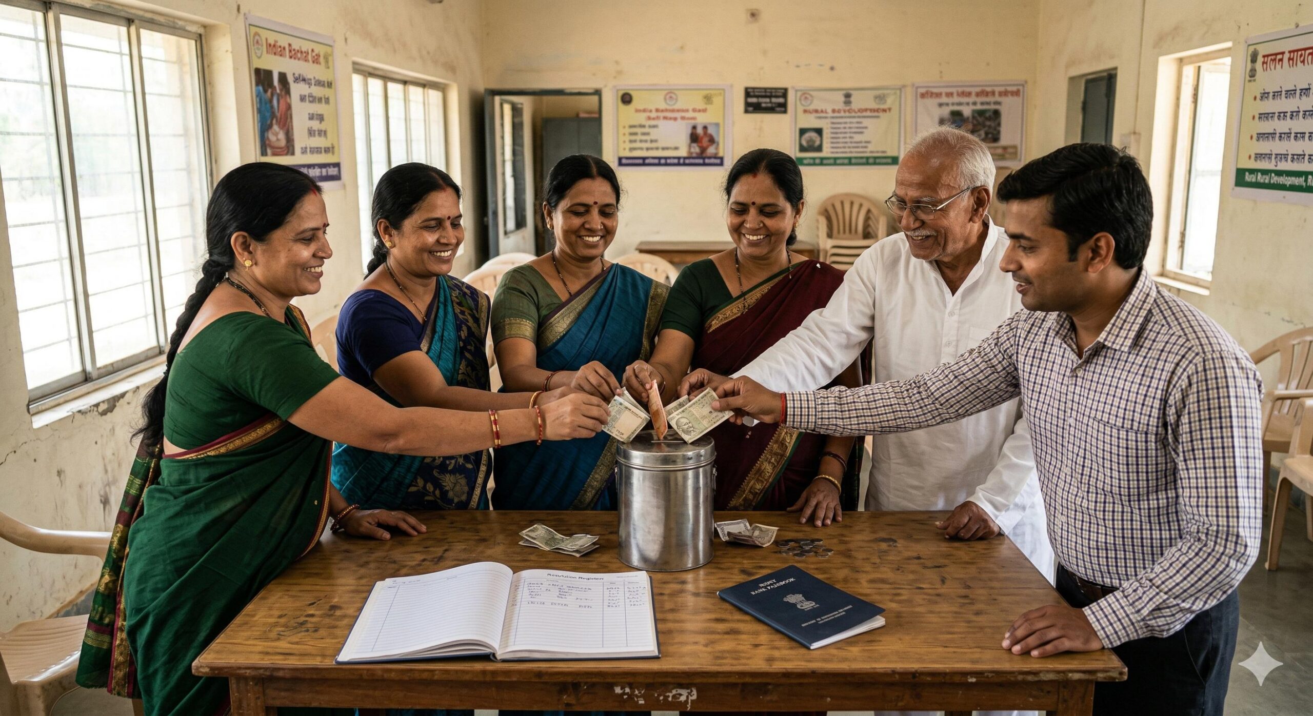 A group of Indian people pooling their savings into a central box.