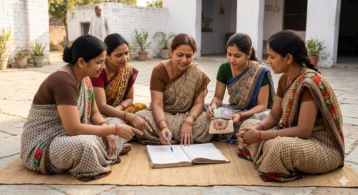 A group of Indian women reviewing a shared finance ledger in a community setting.