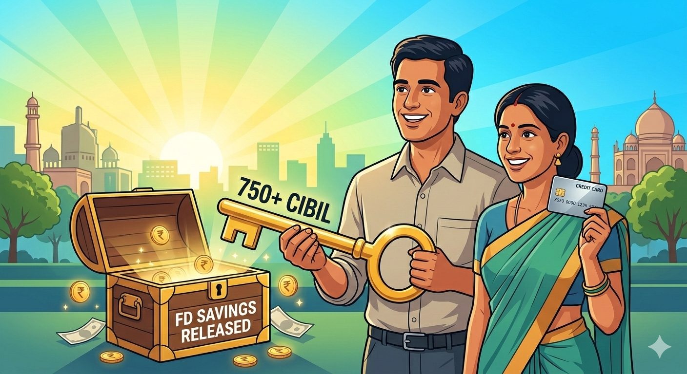 A happy Indian couple celebrating while holding a key that unlocks their savings and receiving a new, unsecured credit card.