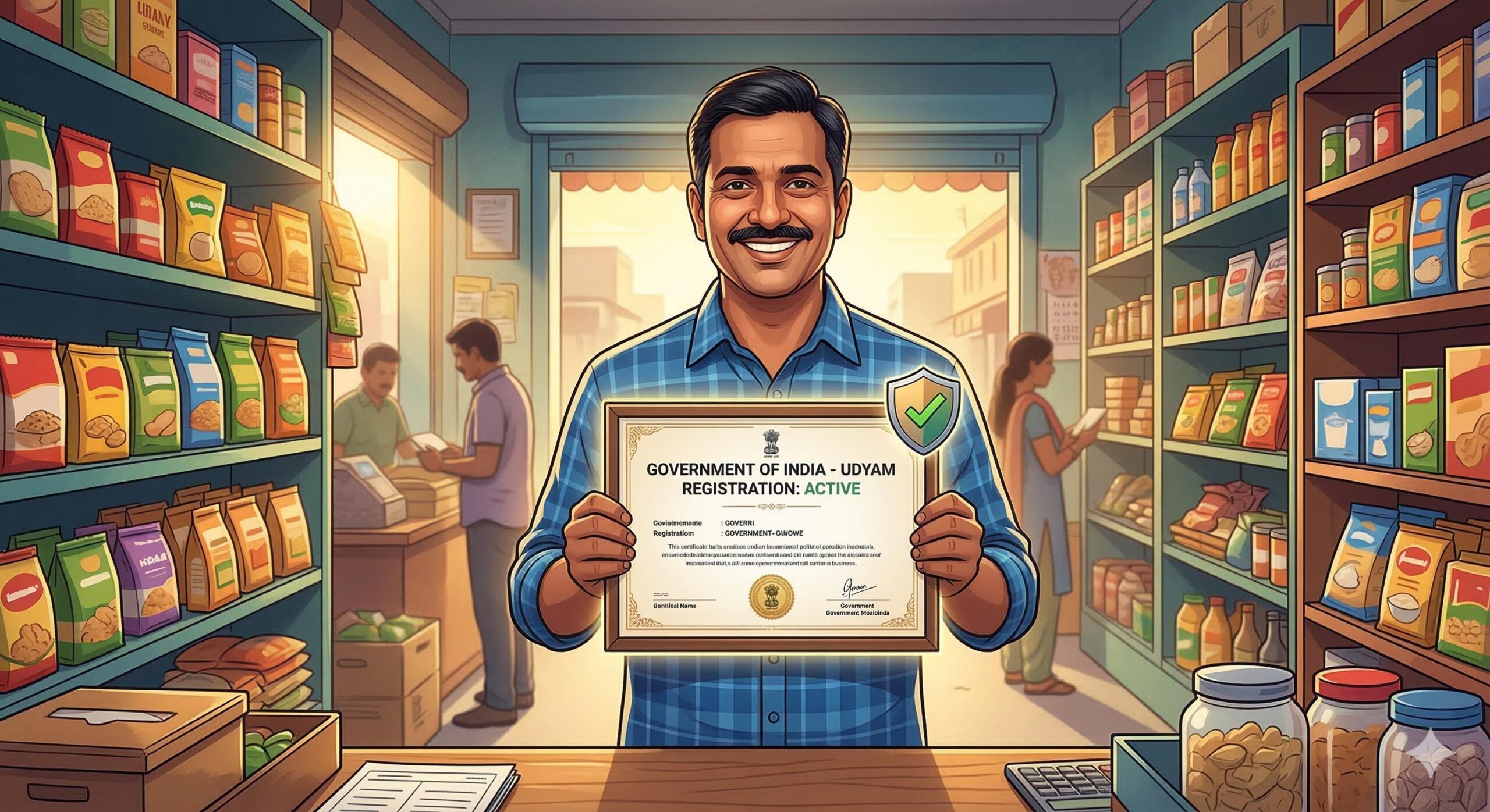 A happy Indian shopkeeper proudly holding a glowing, framed Udyam registration certificate inside a busy retail shop.