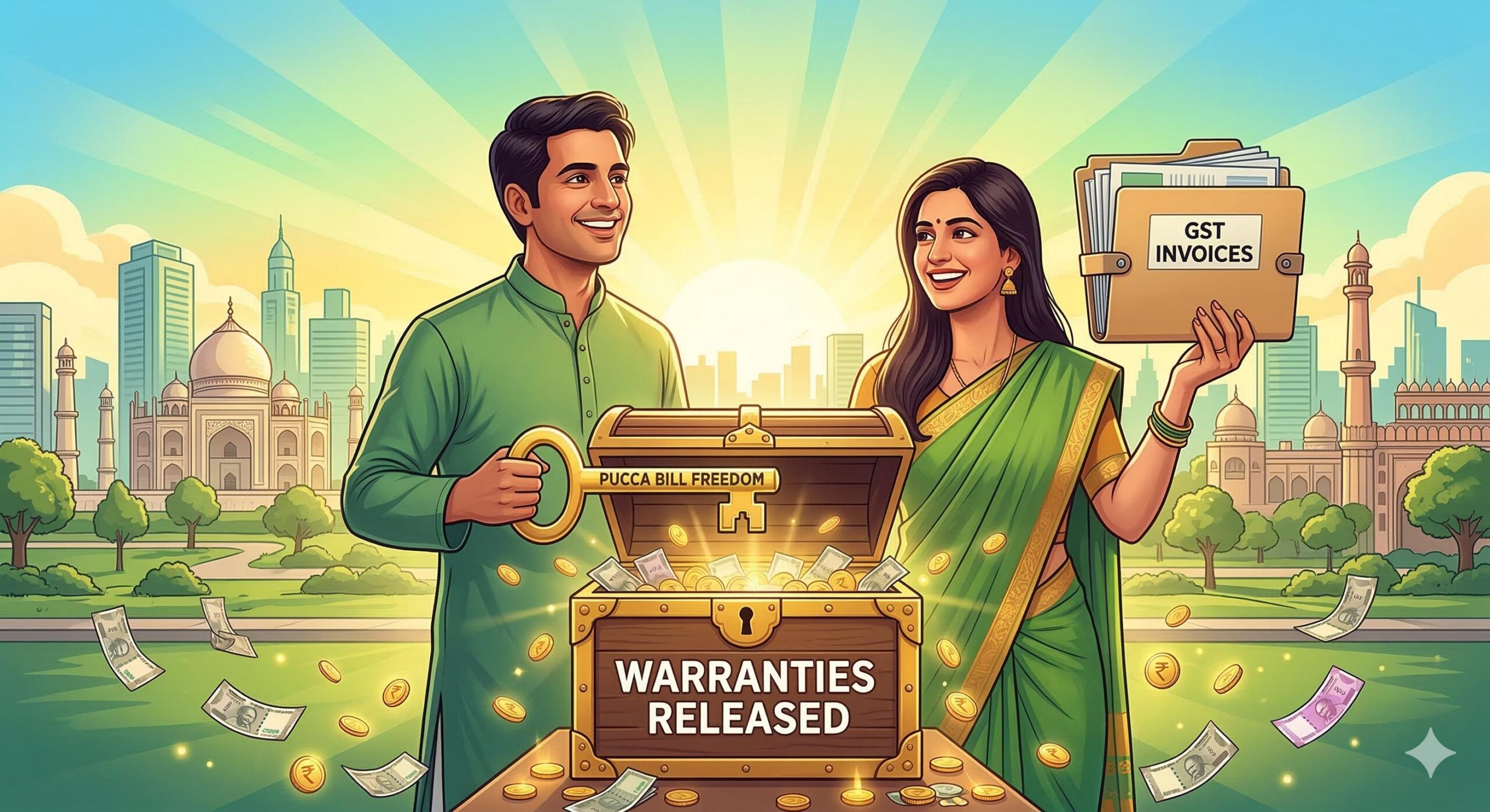 A happy Indian woman holding an organized folder of GST invoices, with glowing icons of an insurance shield and rising resale value emerging.