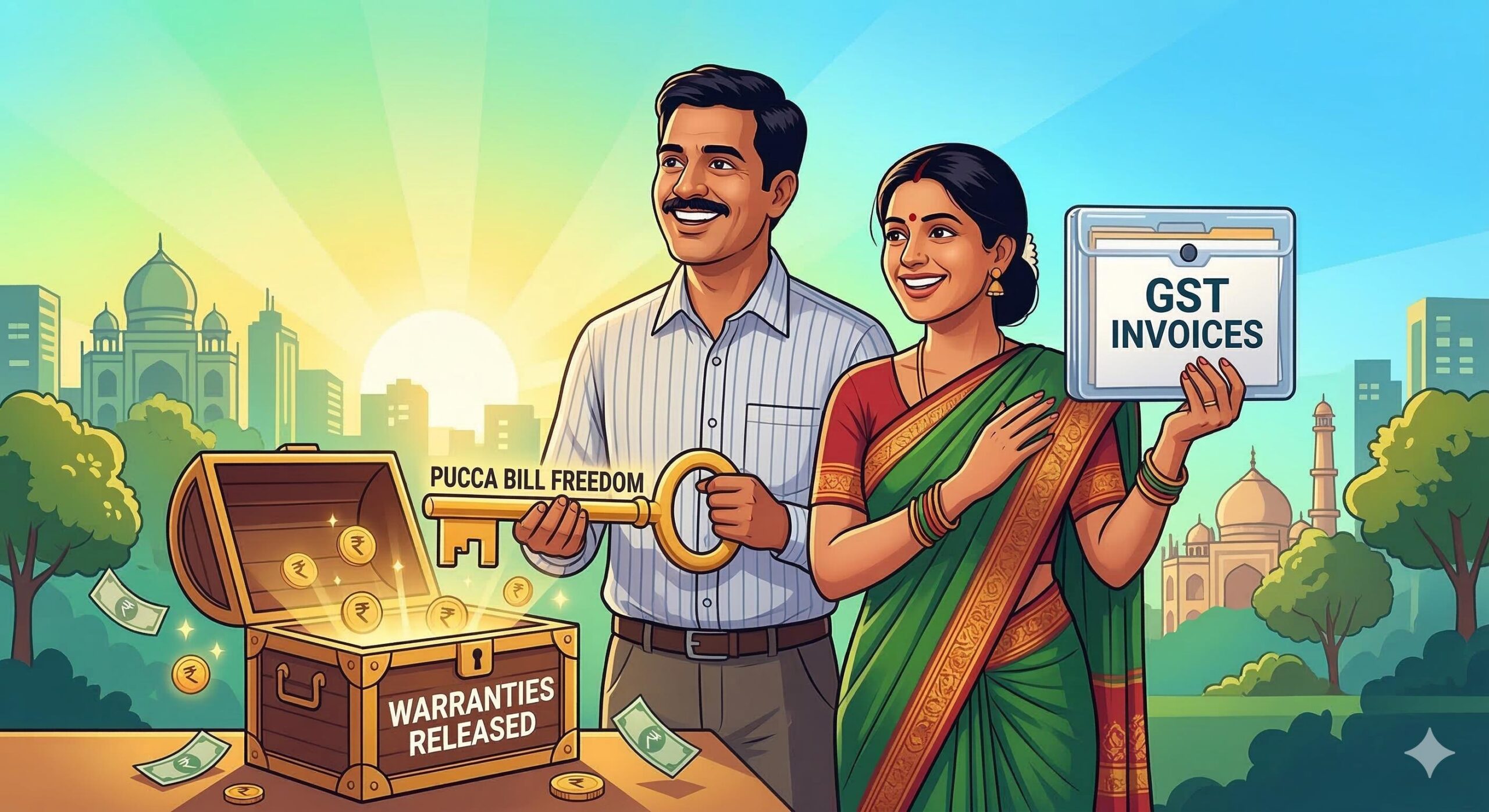 A happy Indian woman holding an organized folder of shop licenses, with glowing icons of an insurance shield and rising profits emerging.