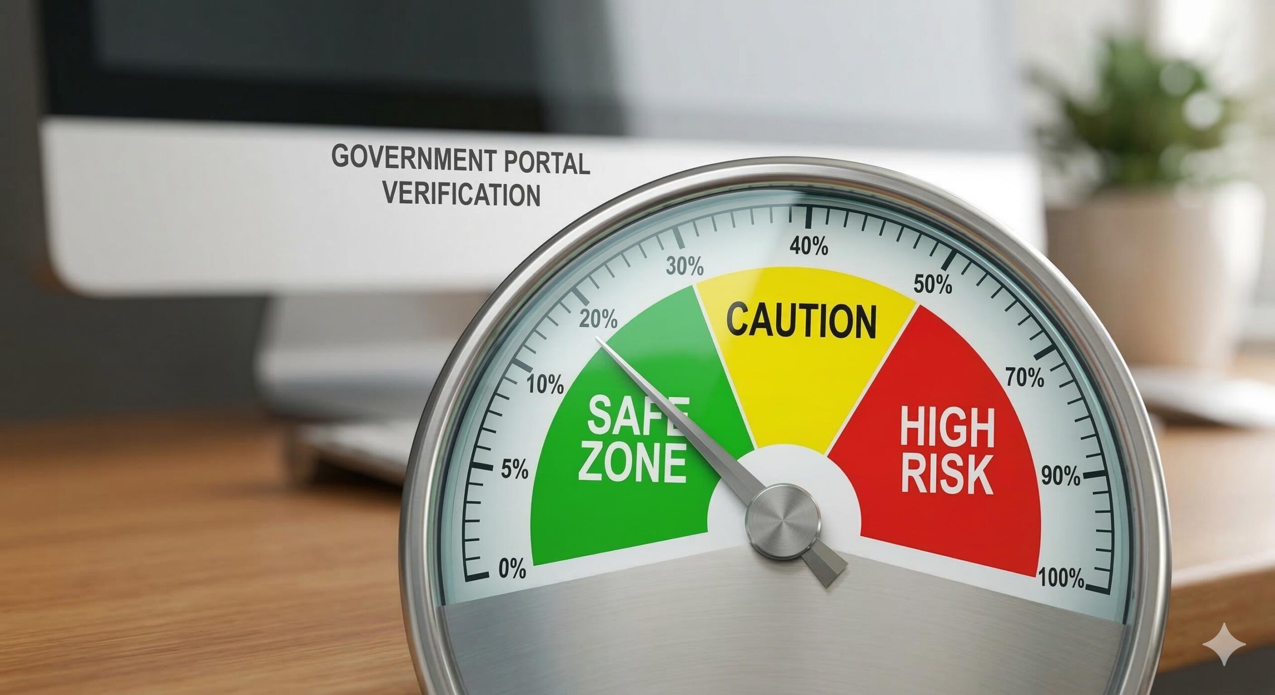 A high-quality photorealistic gauge_ a needle points to the green 'SAFE ZONE' labeled 'GOVERNMENT PORTAL VERIFIED', away from orange 'CAUTION' and red 'RISK' segments.