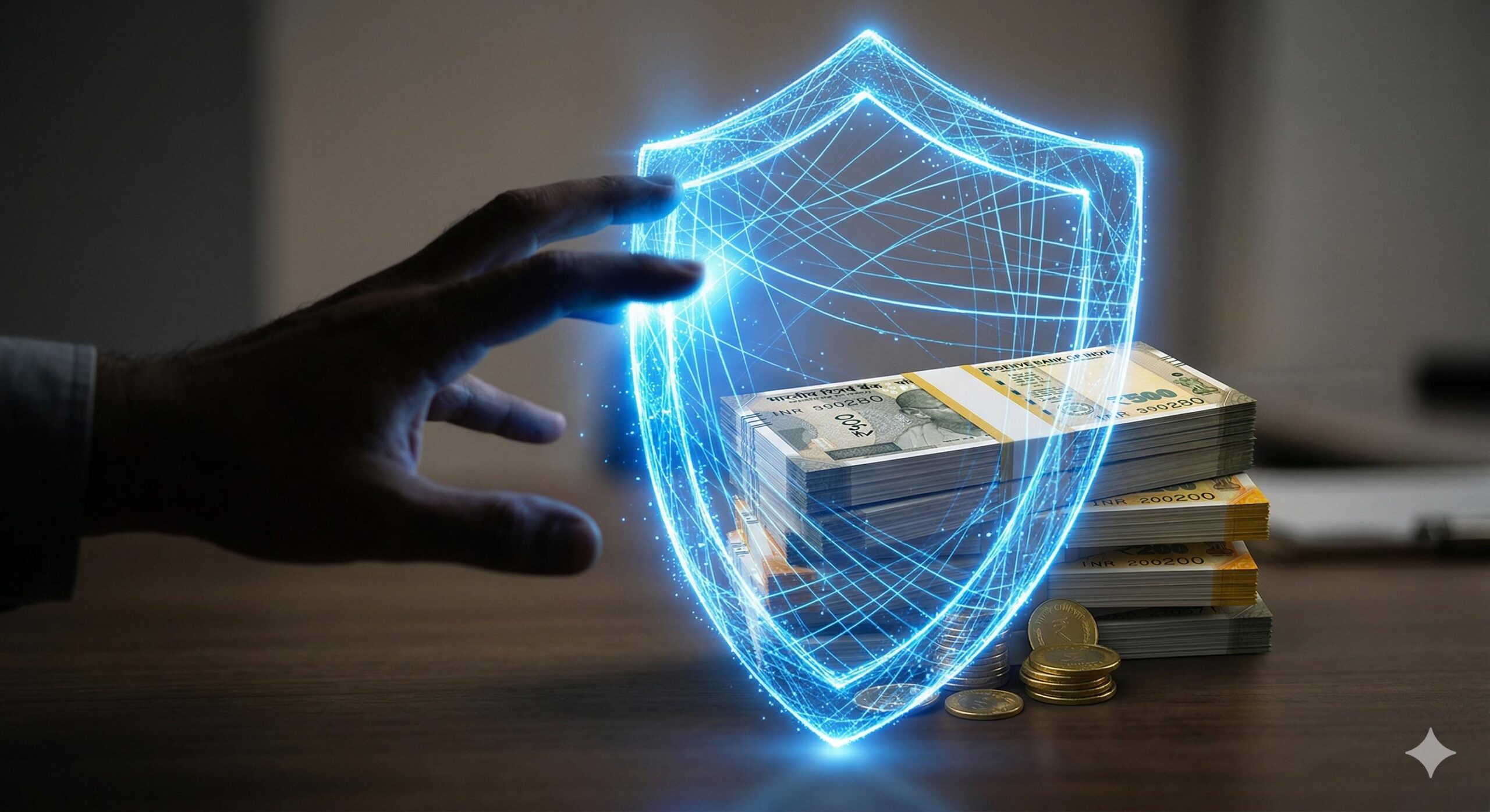A metaphorical shield of blue light protecting a stack of Indian currency notes and coins.