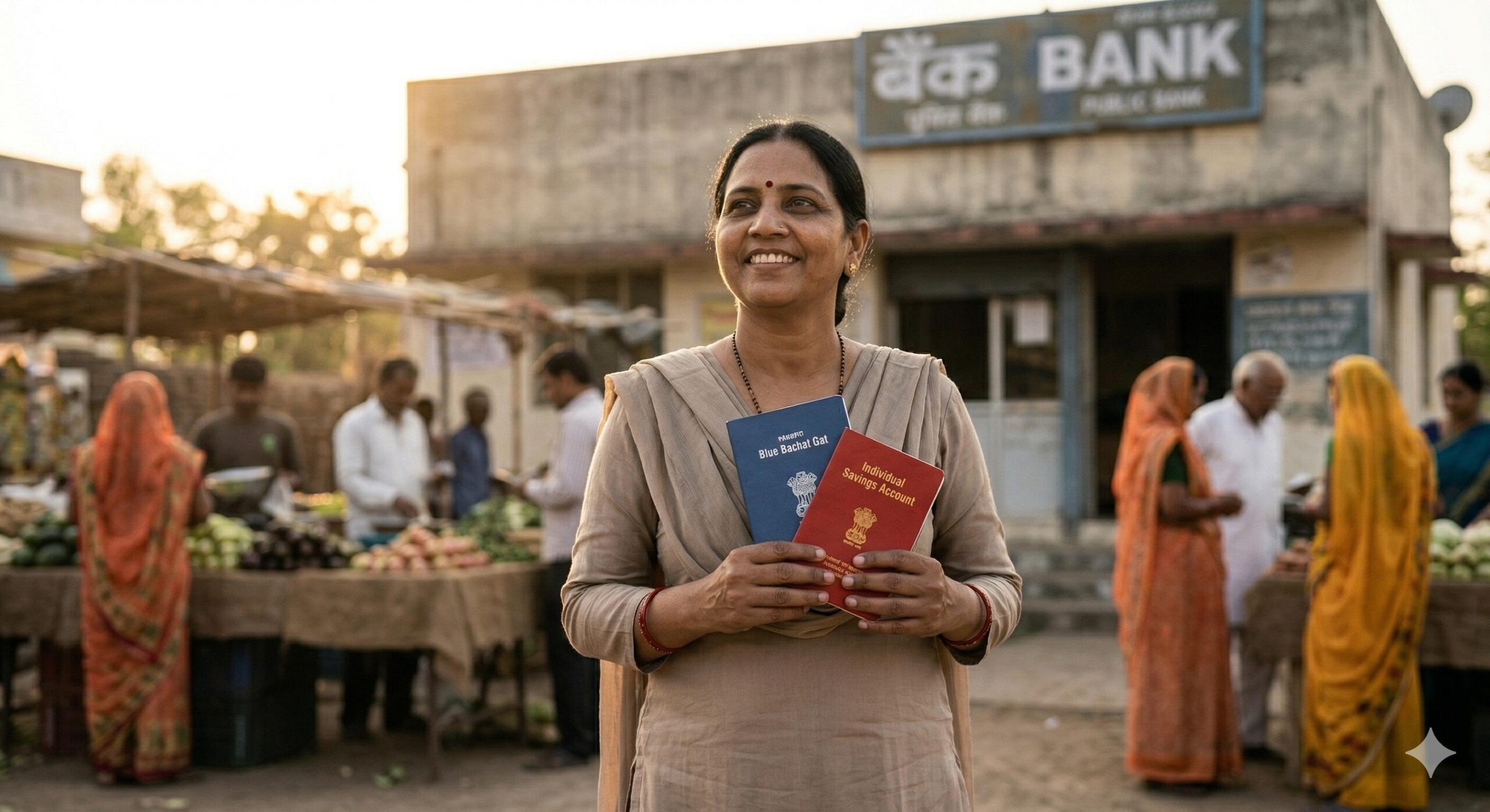 A proud Indian woman holding her savings passbook, symbolizing financial independence.
