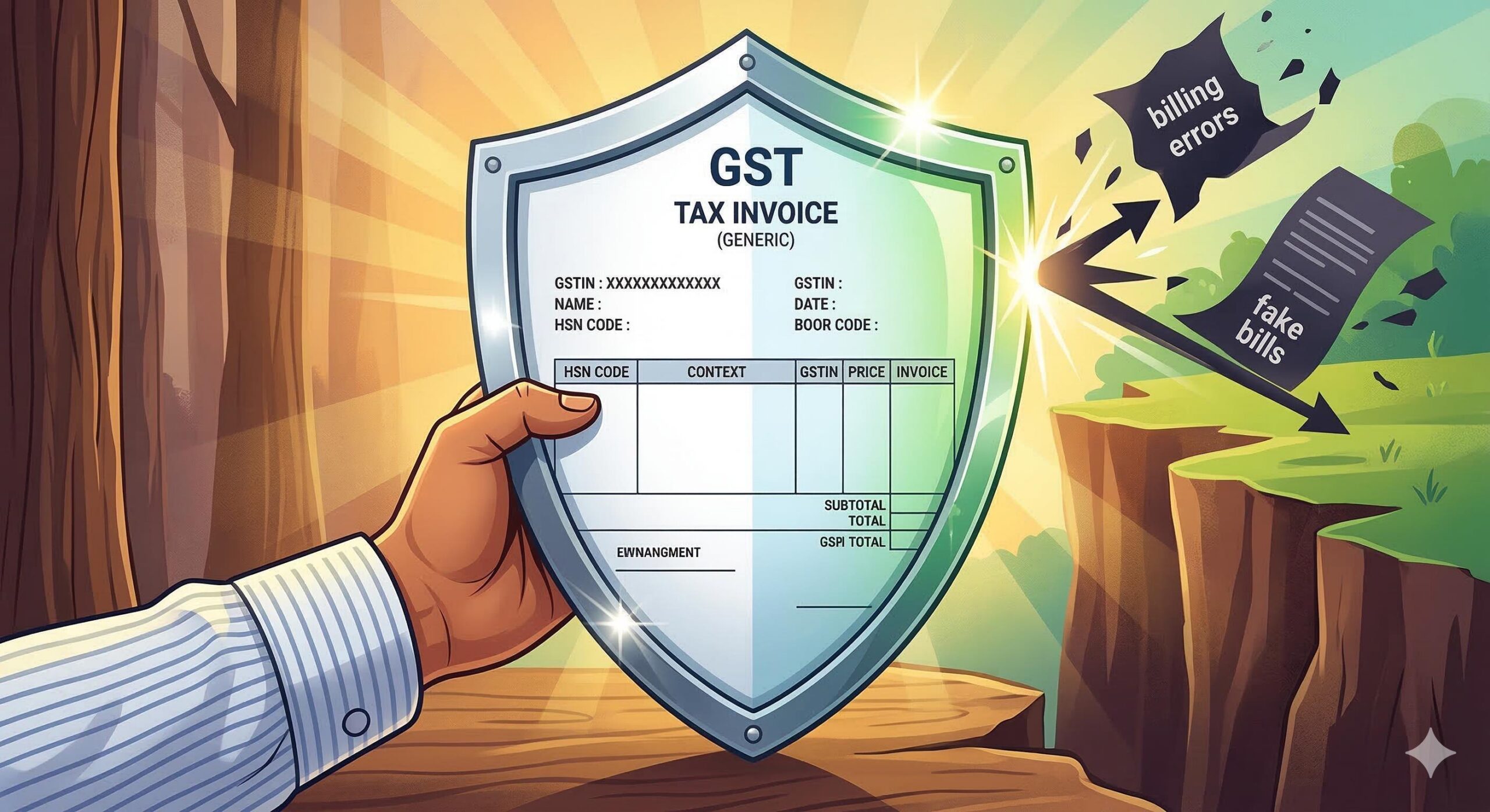 An Indian consumer confidently holding a large shield made of a genuine GST invoice, deflecting abstract fake tax charges.