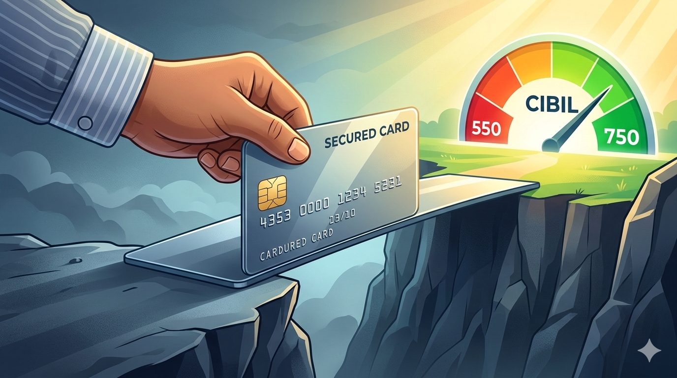 An Indian hand holding a credit card that forms a metaphorical bridge repairing a broken CIBIL score dial.