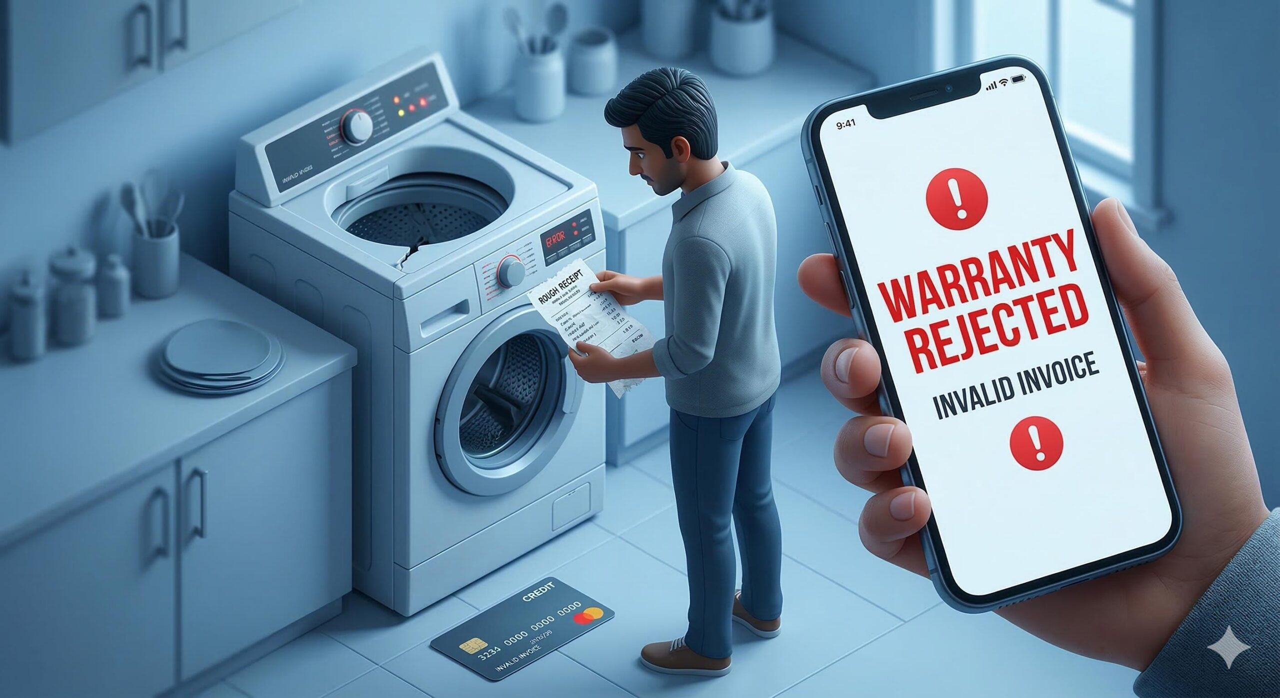 An Indian man in a clean home holding a physically distressed, crumpled rough receipt next to a broken appliance and a phone showing a _WARRANTY REJECTED_ message.