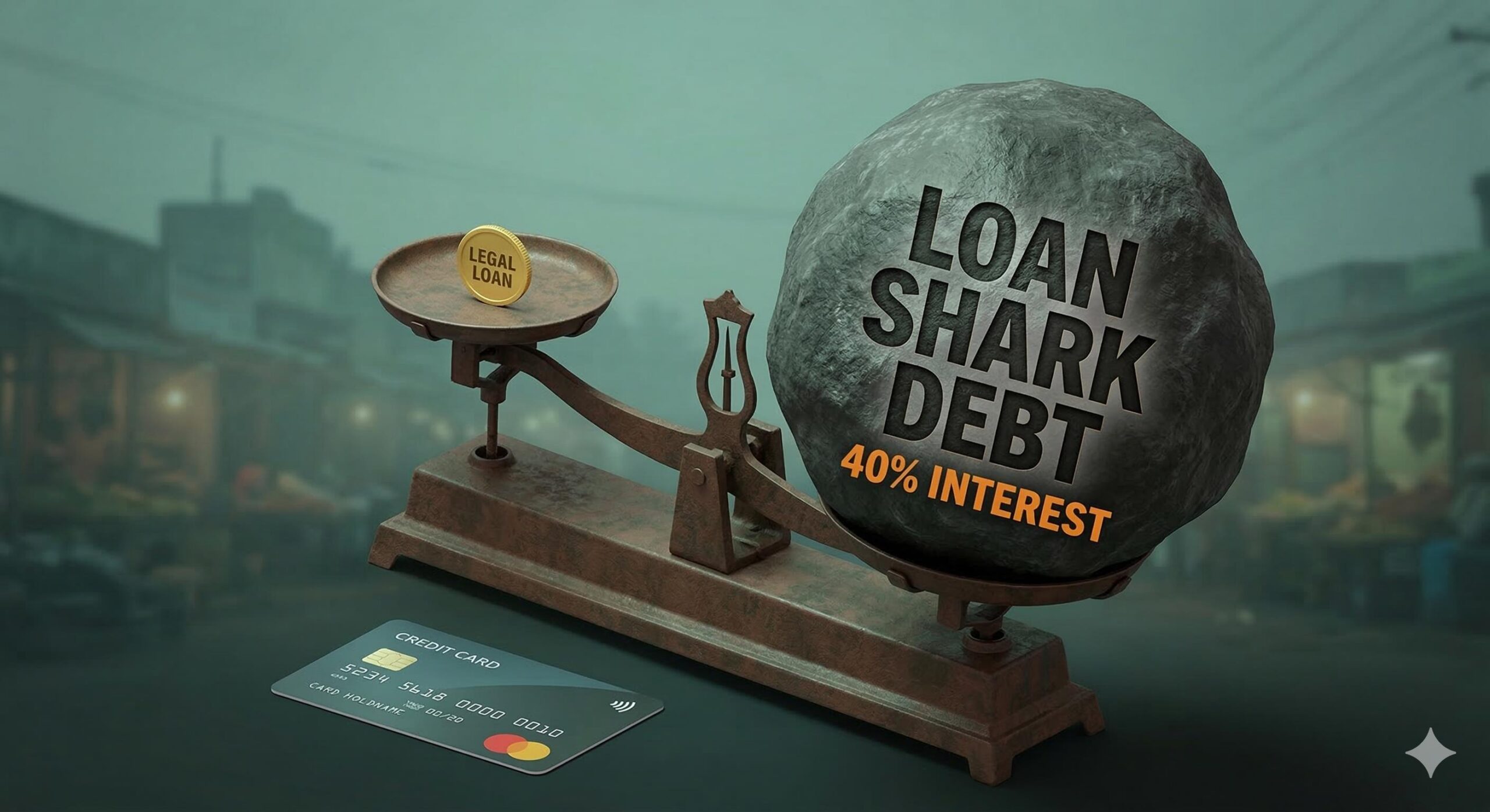 An illustration of a balance scale_ a small coin labeled _Legal Loan_ is completely crushed by a massive weight labeled _Loan Shark's Debt._